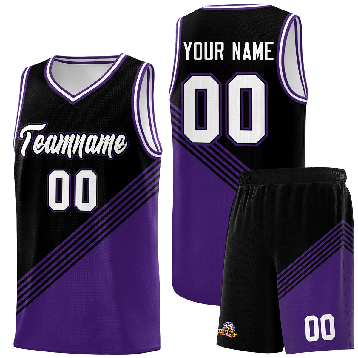 Custom Black Purple White Diagonal Stripes Color Block Sets Basketball Jersey | For Men,For Youth,Sublimation Printed,Perfect for Training,Perfect for Teams | KXKSHOP