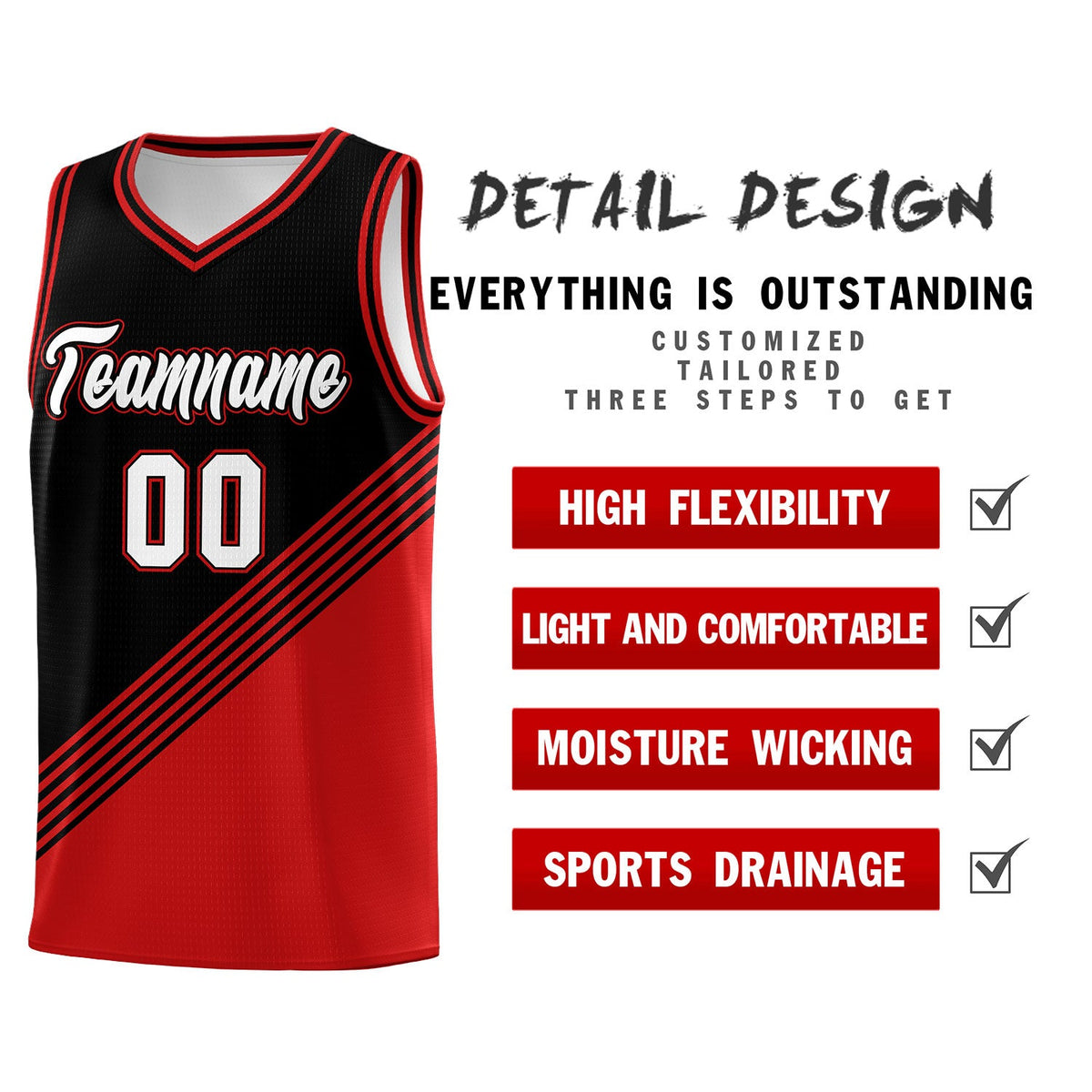 Custom Black Red Diagonal Stripes Color Block Sets Basketball Jersey | For Men,For Youth,Sublimation Printed,Perfect for Training,Perfect for Teams | KXKSHOP