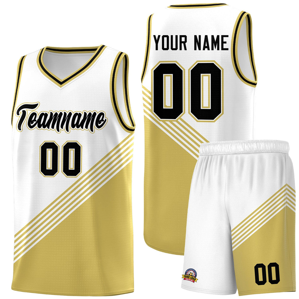 Custom White Old Gold Black Diagonal Stripes Color Block Sets Basketball Jersey | For Men,For Youth,Sublimation Printed,Perfect for Training,Perfect for Teams | KXKSHOP