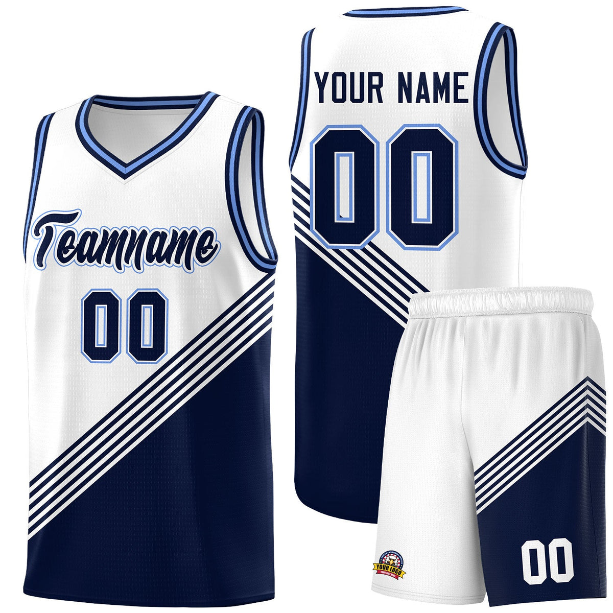 Custom White Navy Light Blue Diagonal Stripes Color Block Sets Basketball Jersey | For Men,For Youth,Sublimation Printed,Perfect for Training,Perfect for Teams | KXKSHOP