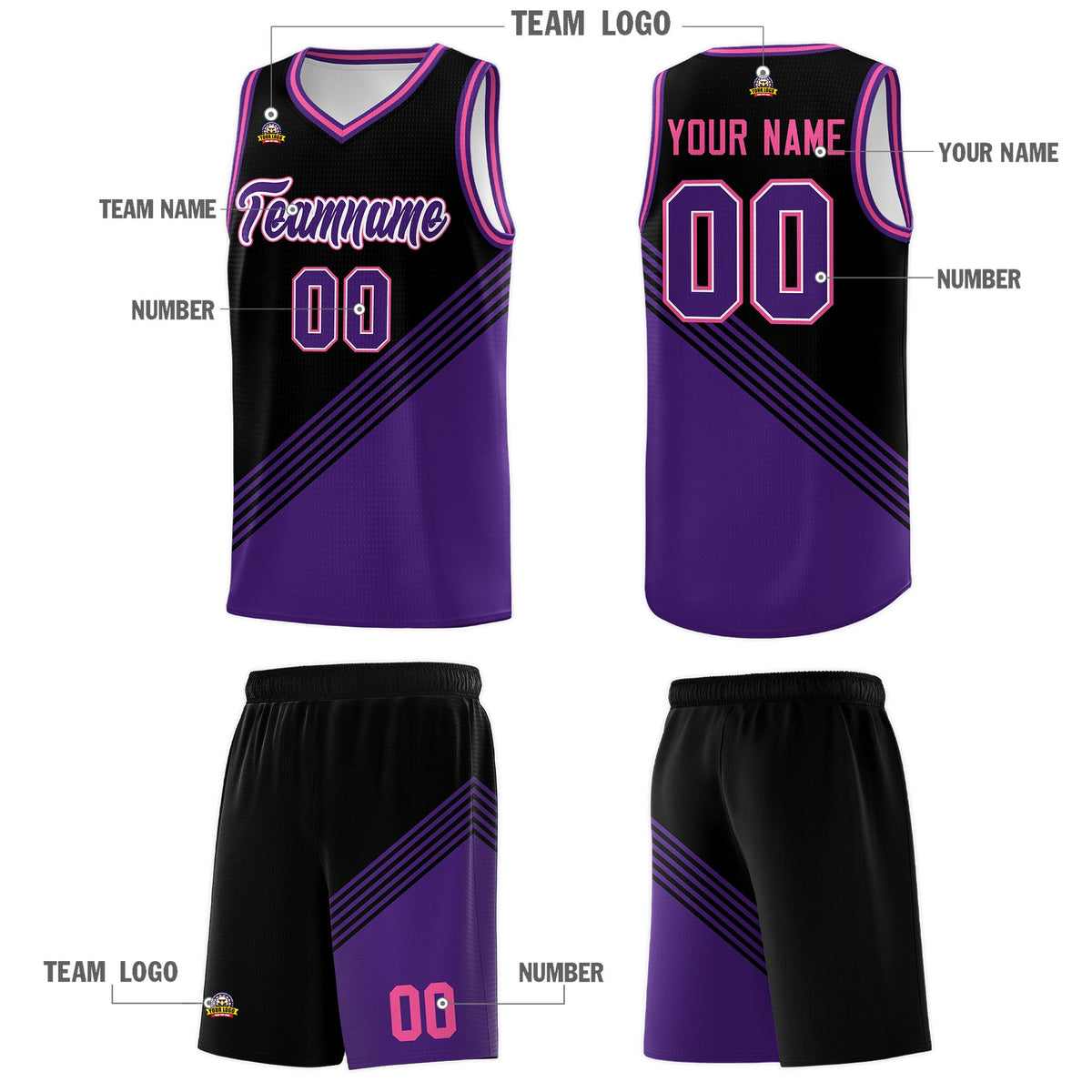 Custom Black Purple Pink Diagonal Stripes Color Block Sets Basketball Jersey | For Men,For Youth,Sublimation Printed,Perfect for Training,Perfect for Teams | KXKSHOP