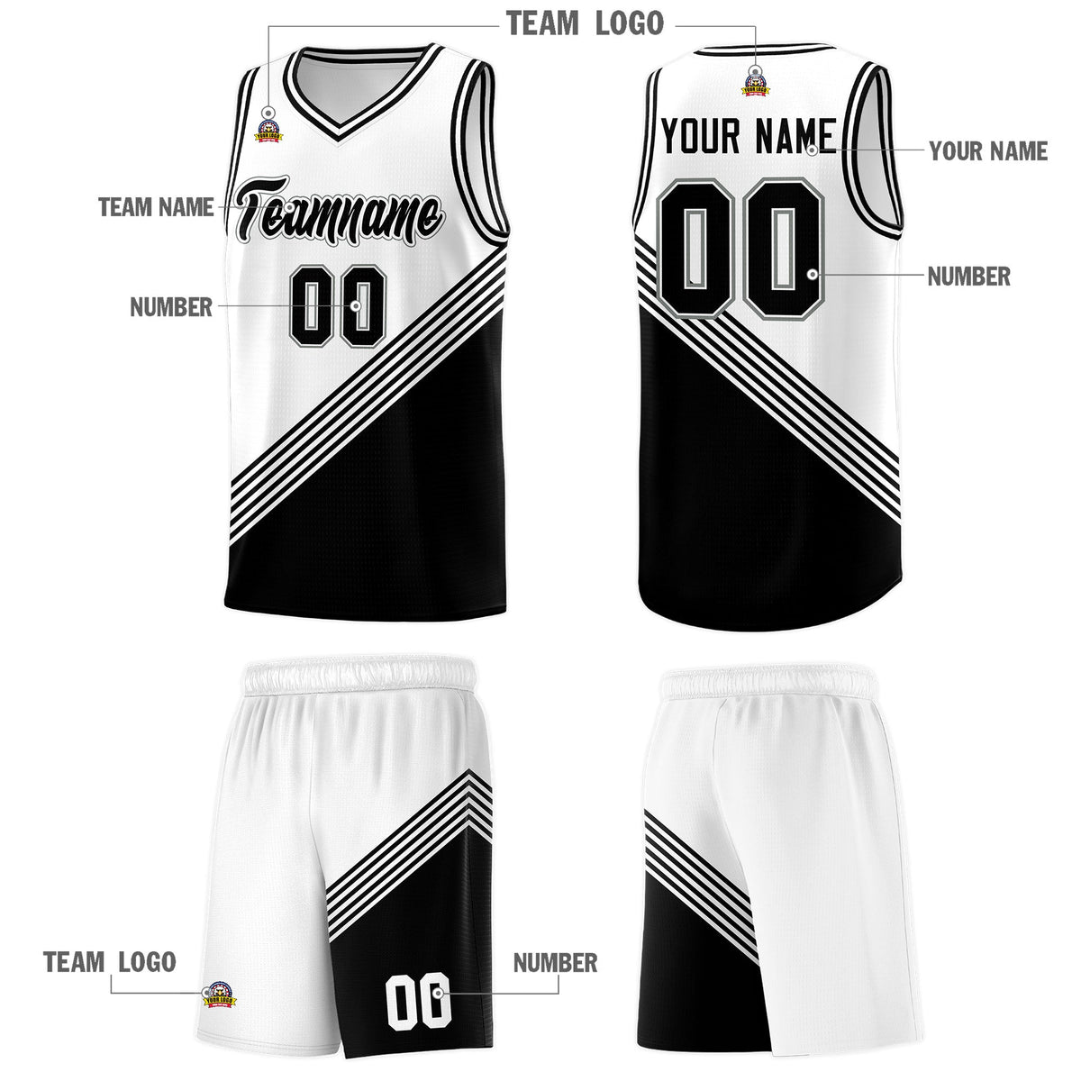 Custom White Black Diagonal Stripes Color Block Sets Basketball Jersey | For Men,For Youth,Sublimation Printed,Perfect for Training,Perfect for Teams | KXKSHOP