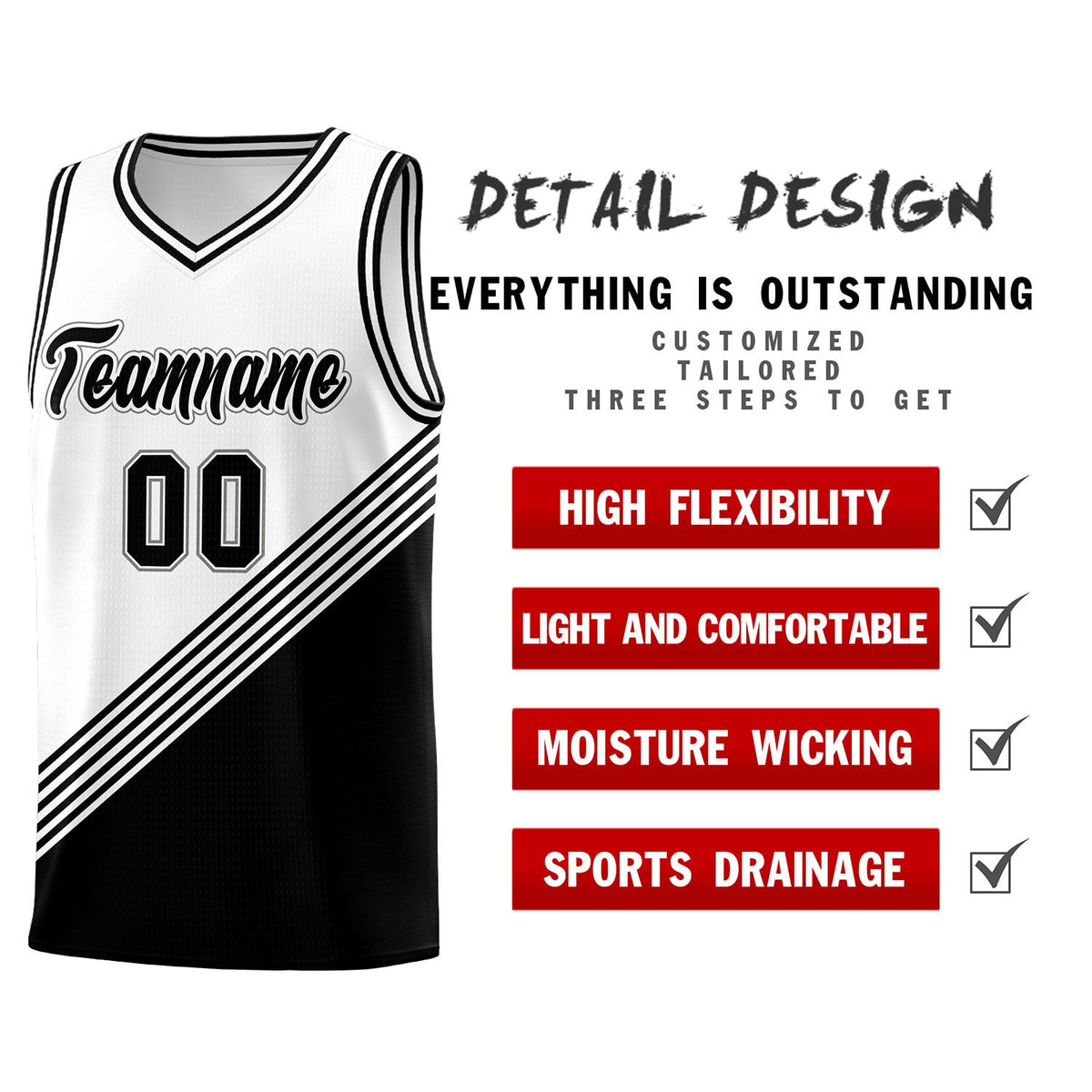 Custom White Black Diagonal Stripes Color Block Sets Basketball Jersey | For Men,For Youth,Sublimation Printed,Perfect for Training,Perfect for Teams | KXKSHOP