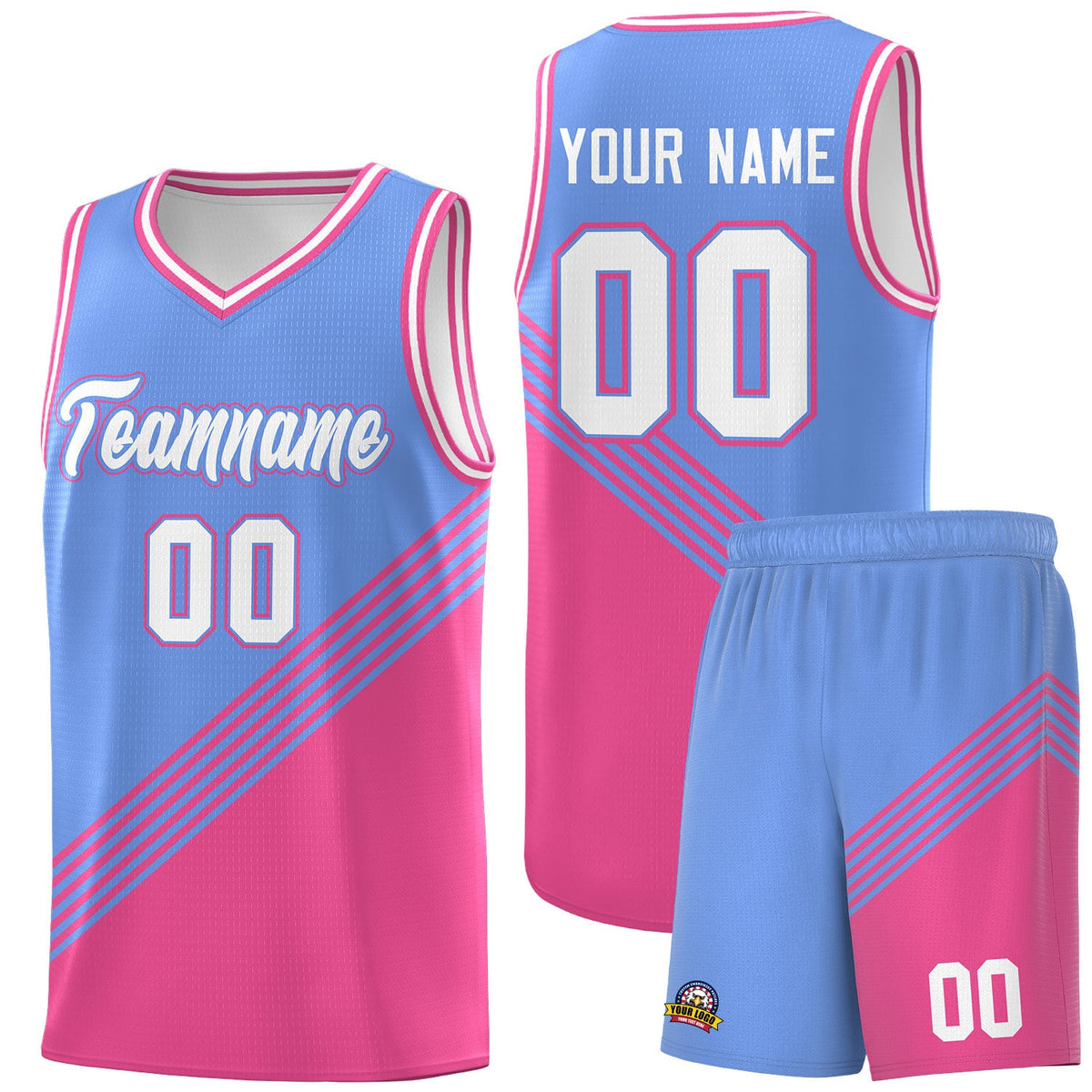 Custom Light Blue Pink White Diagonal Stripes Color Block Sets Basketball Jersey | For Men,For Youth,Sublimation Printed,Perfect for Training,Perfect for Teams | KXKSHOP