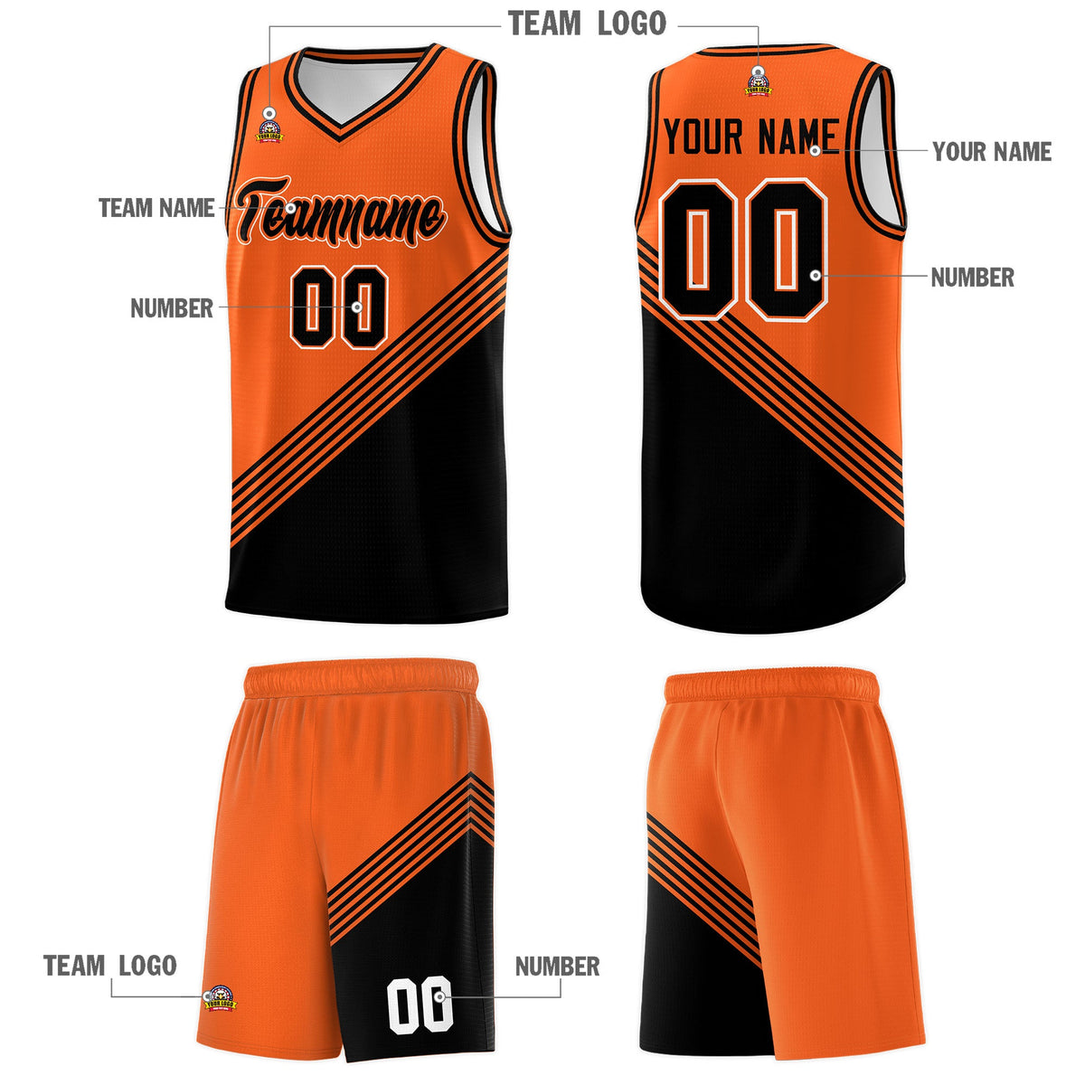 Custom Orange Black Diagonal Stripes Color Block Sets Basketball Jersey | For Men,For Youth,Sublimation Printed,Perfect for Training,Perfect for Teams | KXKSHOP