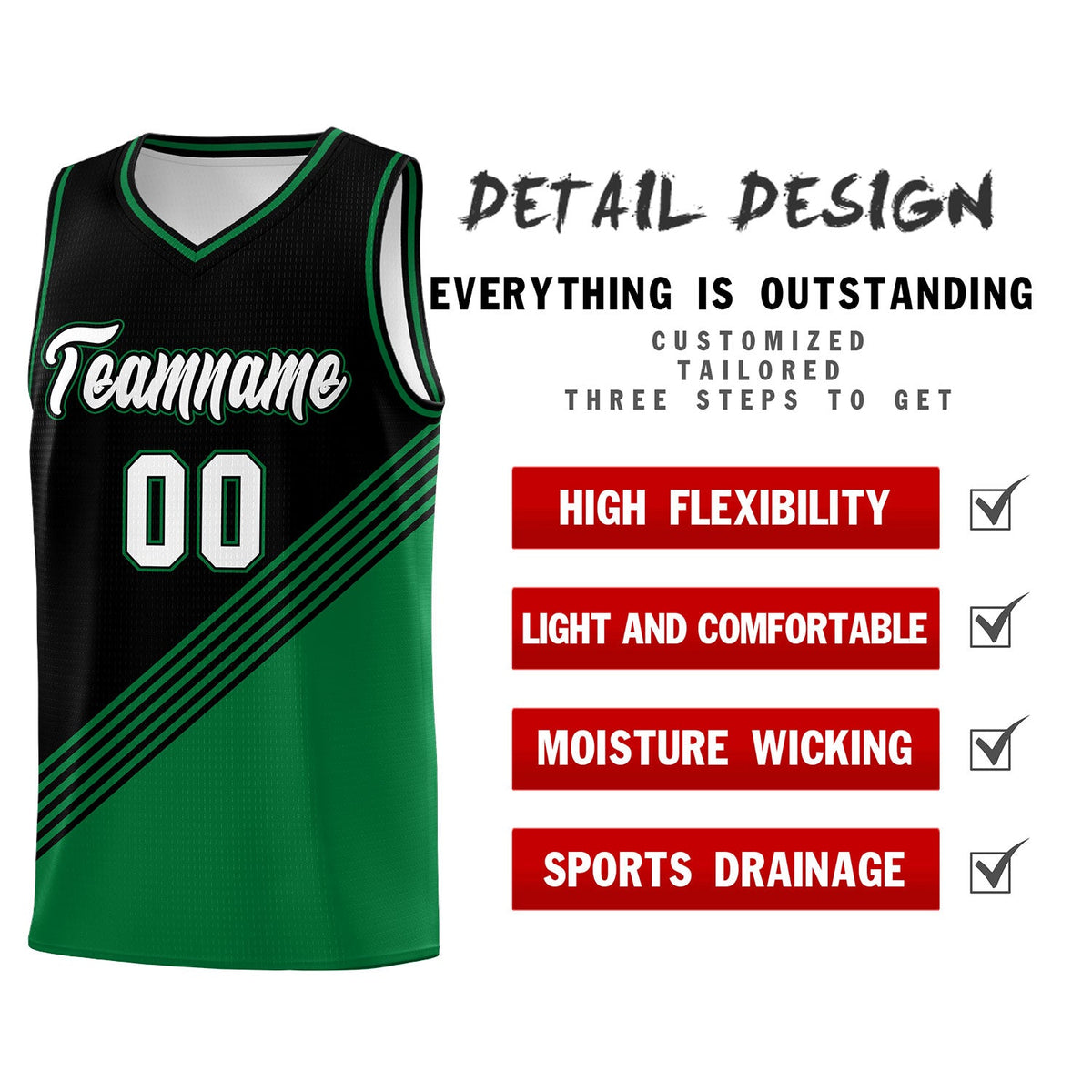Custom Black Kelly Green Diagonal Stripes Color Block Sets Basketball Jersey | For Men,For Youth,Sublimation Printed,Perfect for Training,Perfect for Teams | KXKSHOP