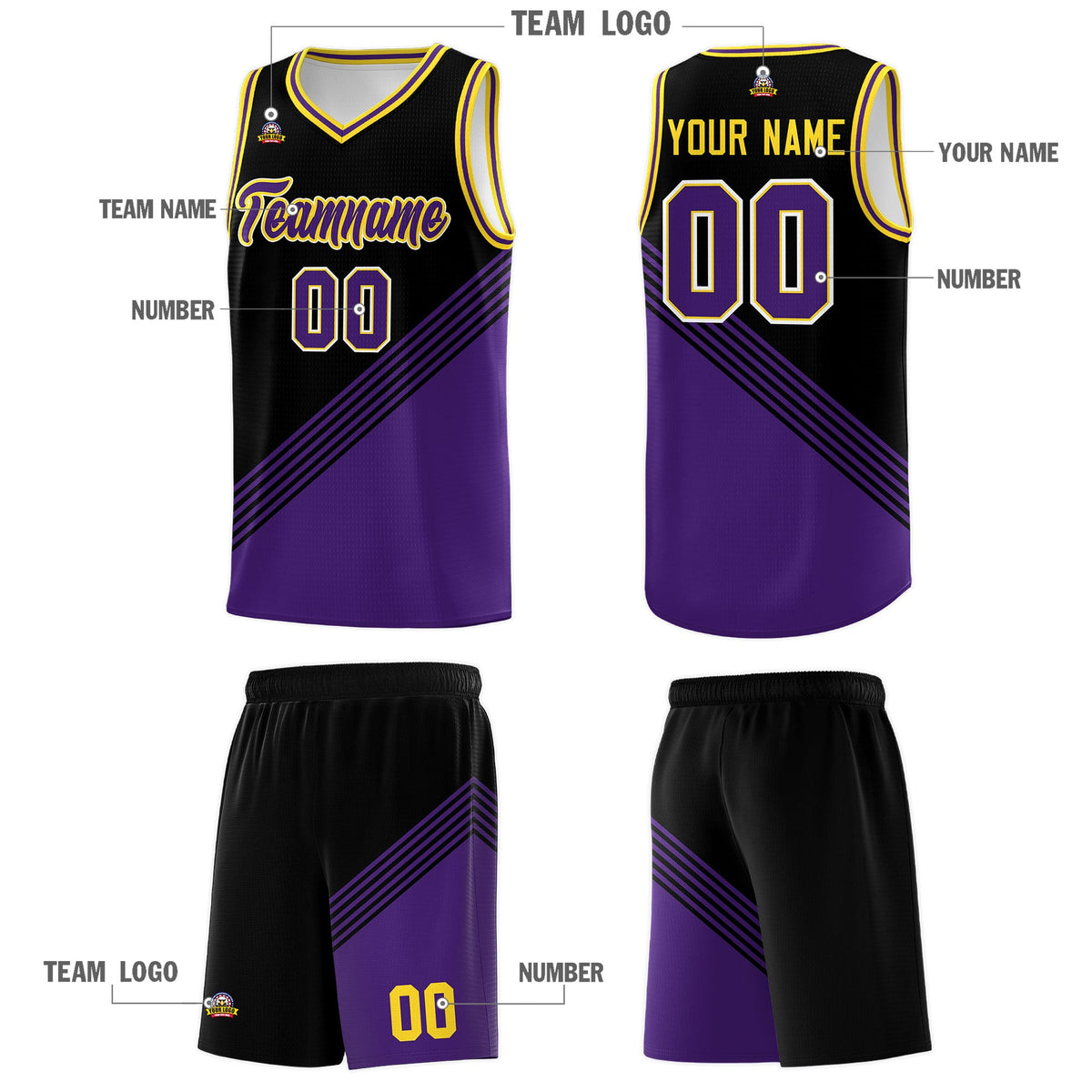 Custom Black Purple Gold Diagonal Stripes Color Block Sets Basketball Jersey | For Men,For Youth,Sublimation Printed,Perfect for Training,Perfect for Teams | KXKSHOP