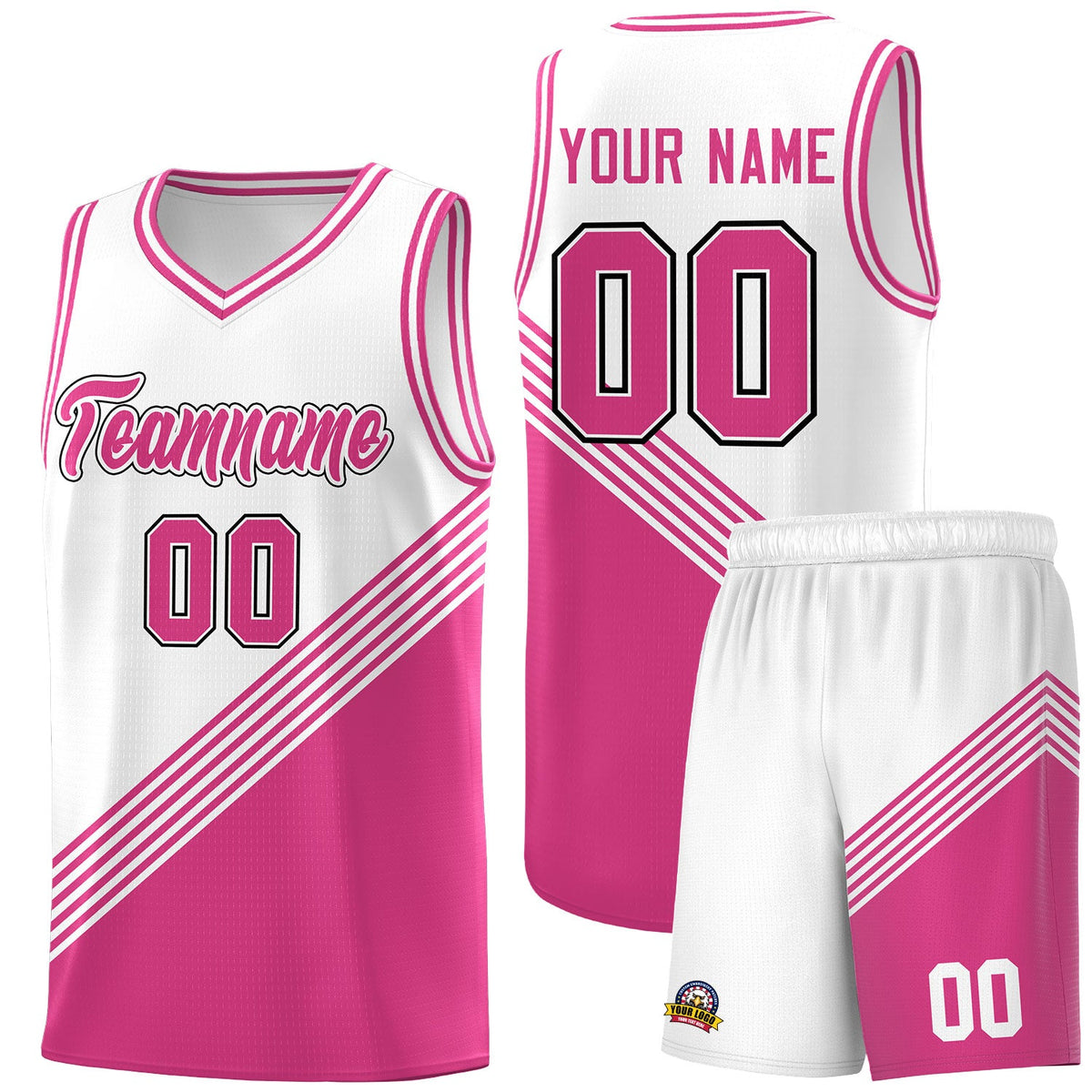 Custom White Pink Diagonal Stripes Color Block Sets Basketball Jersey | For Men,For Youth,Sublimation Printed,Perfect for Training,Perfect for Teams | KXKSHOP
