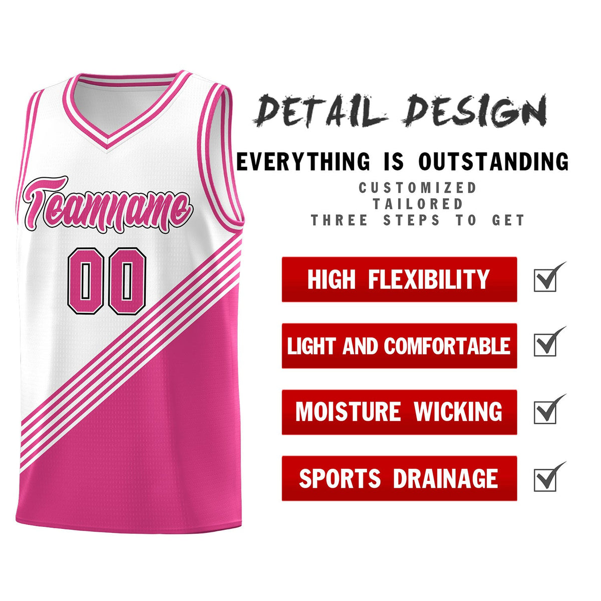 Custom White Pink Diagonal Stripes Color Block Sets Basketball Jersey | For Men,For Youth,Sublimation Printed,Perfect for Training,Perfect for Teams | KXKSHOP