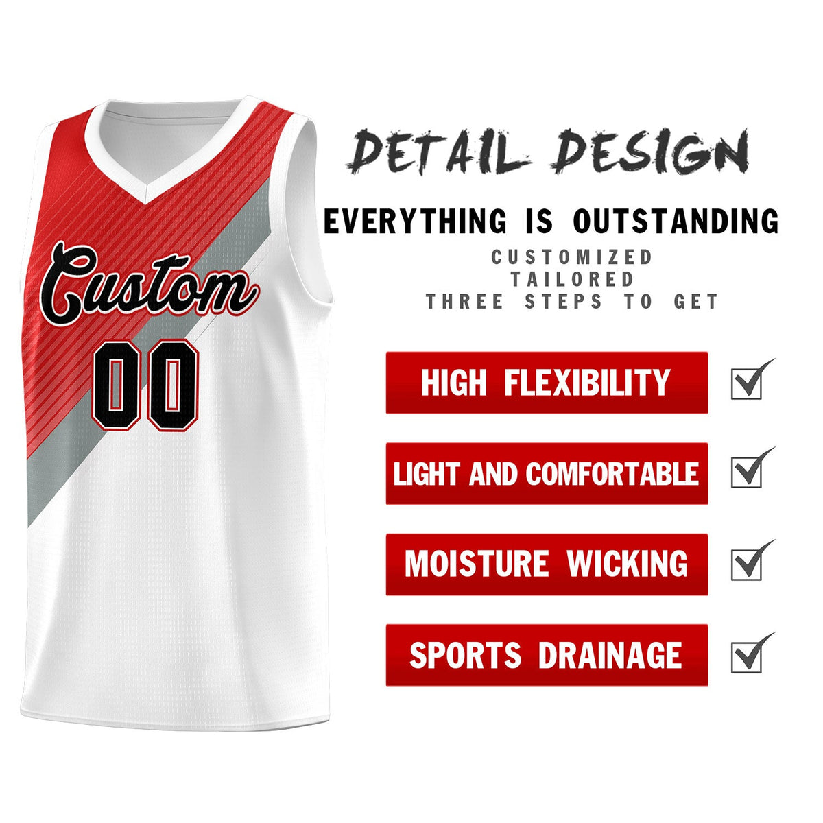 Custom Red Silver Gray White Diagonal Stripes Color Block Sets Basketball Jersey | For Men,Perfect for Teams,Perfect for Coaches,Sublimation Printed,For Kid,For Youth | KXKSHOP