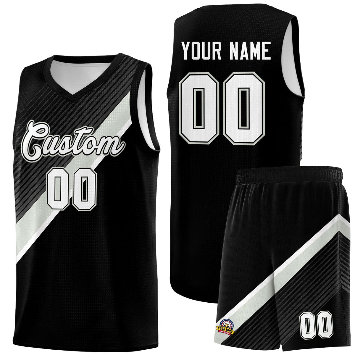 Custom Black Gray White Diagonal Stripes Color Block Sets Basketball Jersey | For Men,Perfect for Teams,Perfect for Coaches,Sublimation Printed,For Kid,For Youth | KXKSHOP