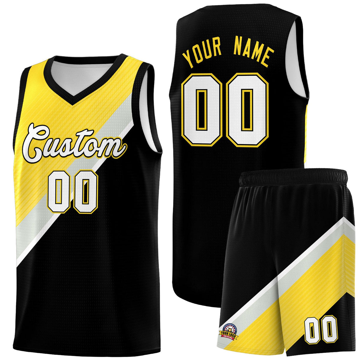 Custom Black Gold Gray Diagonal Stripes Color Block Sets Basketball Jersey | For Men,Perfect for Teams,Perfect for Coaches,Sublimation Printed,For Kid,For Youth | KXKSHOP