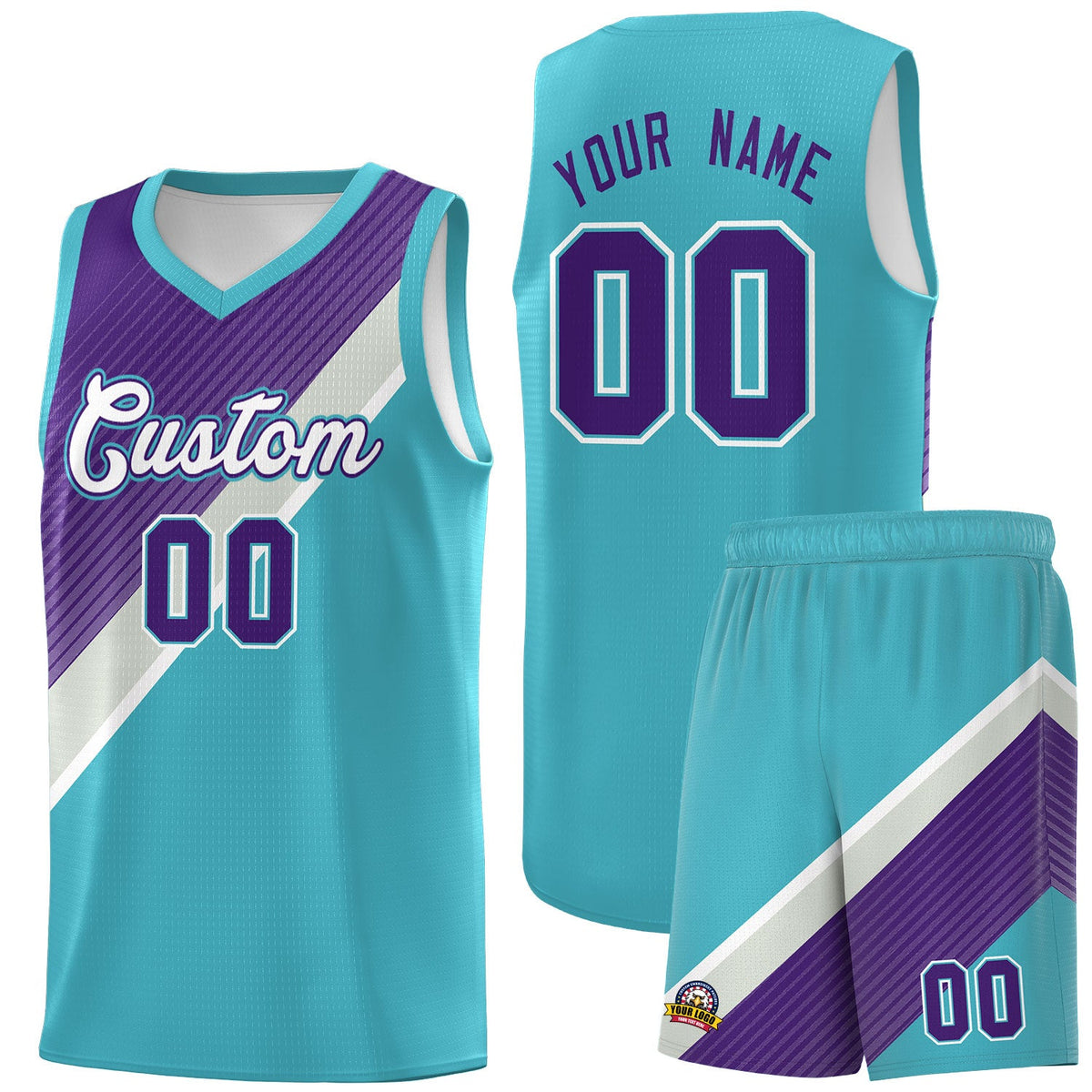 Custom Sky Blue Purple Gray Diagonal Stripes Color Block Sets Basketball Jersey | For Men,Perfect for Teams,Perfect for Coaches,Sublimation Printed,For Kid,For Youth | KXKSHOP