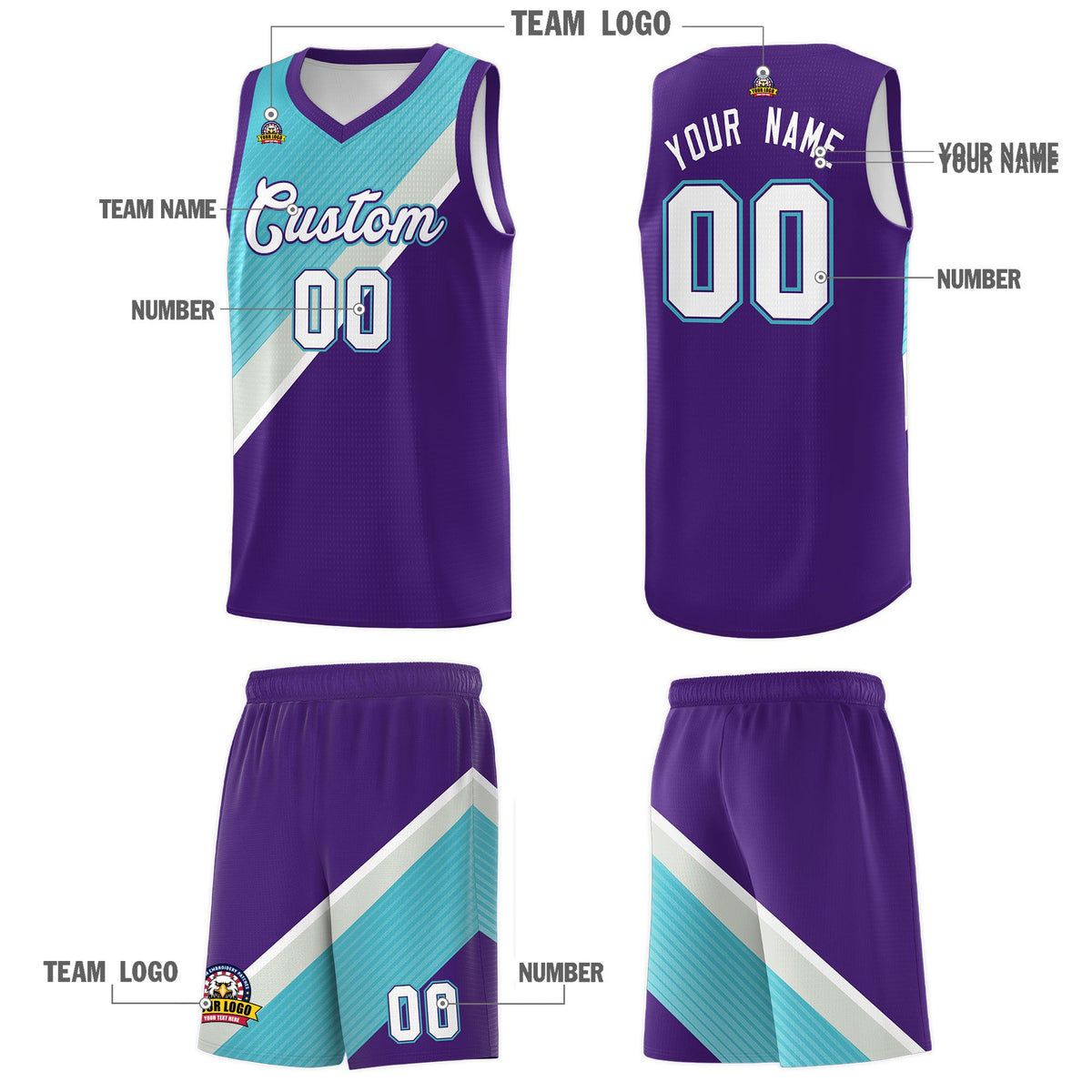 Custom Purple Sky Blue Gray Diagonal Stripes Color Block Sets Basketball Jersey | For Men,Perfect for Teams,Perfect for Coaches,Sublimation Printed,For Kid,For Youth | KXKSHOP