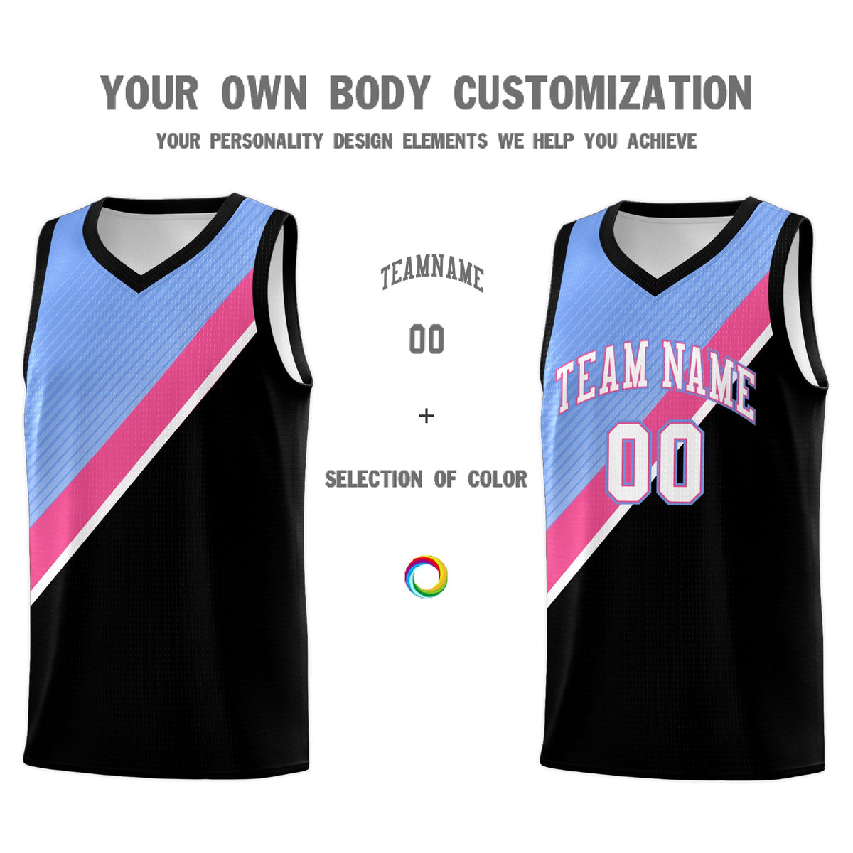 Custom Light Blue Pink Black Diagonal Stripes Color Block Sets Basketball Jersey | For Men,Perfect for Teams,Perfect for Coaches,Sublimation Printed,For Kid,For Youth | KXKSHOP