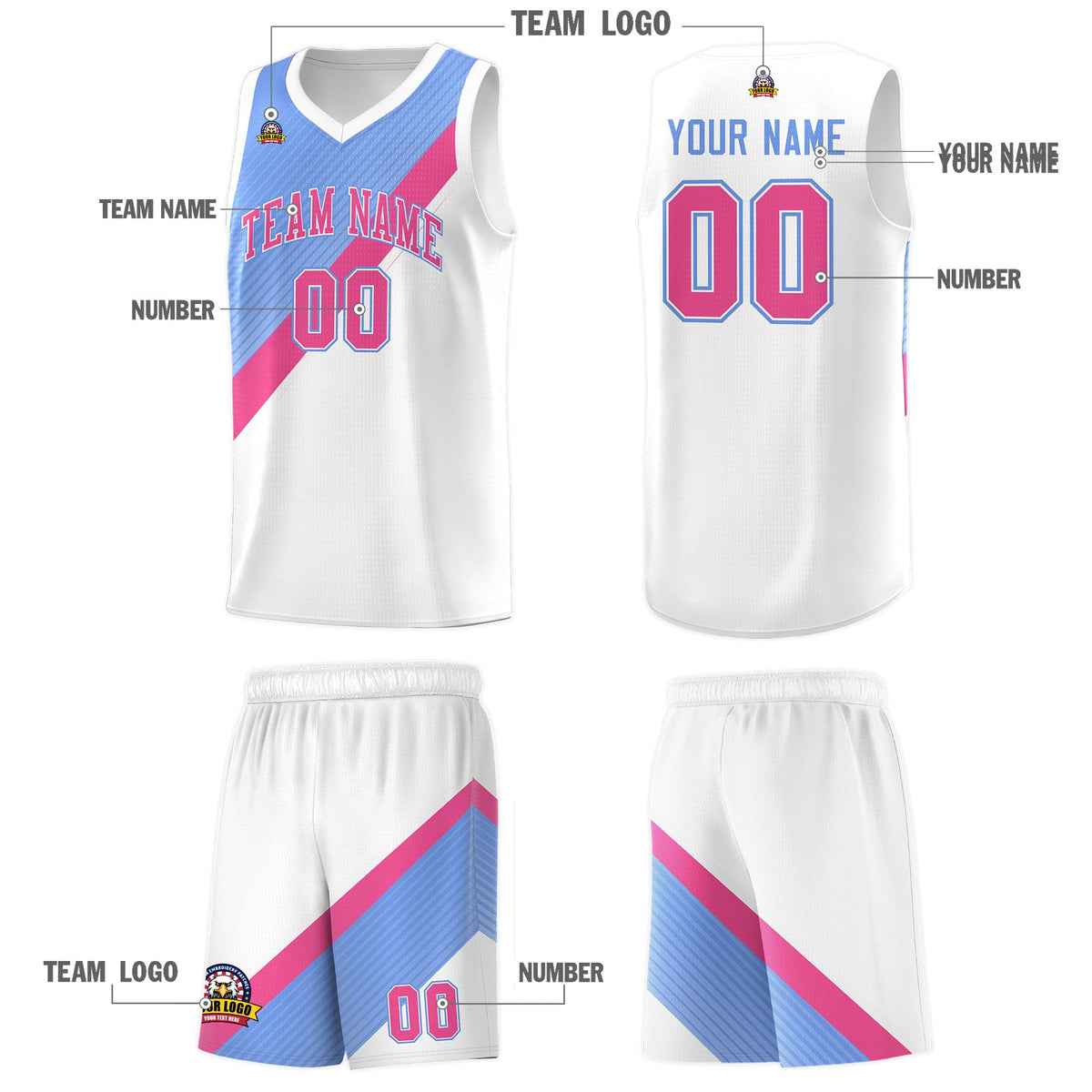 Custom Light Blue Pink White Diagonal Stripes Color Block Sets Basketball Jersey | For Men,Perfect for Teams,Perfect for Coaches,Sublimation Printed,For Kid,For Youth | KXKSHOP