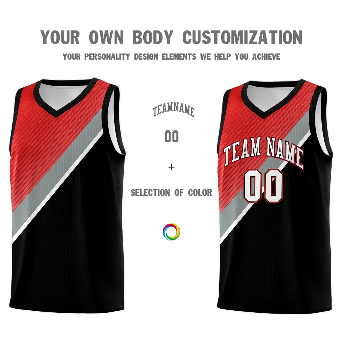 Custom Black Red Silver Gray Diagonal Stripes Color Block Sets Basketball Jersey | For Men,Perfect for Teams,Perfect for Coaches,Sublimation Printed,For Kid,For Youth | KXKSHOP