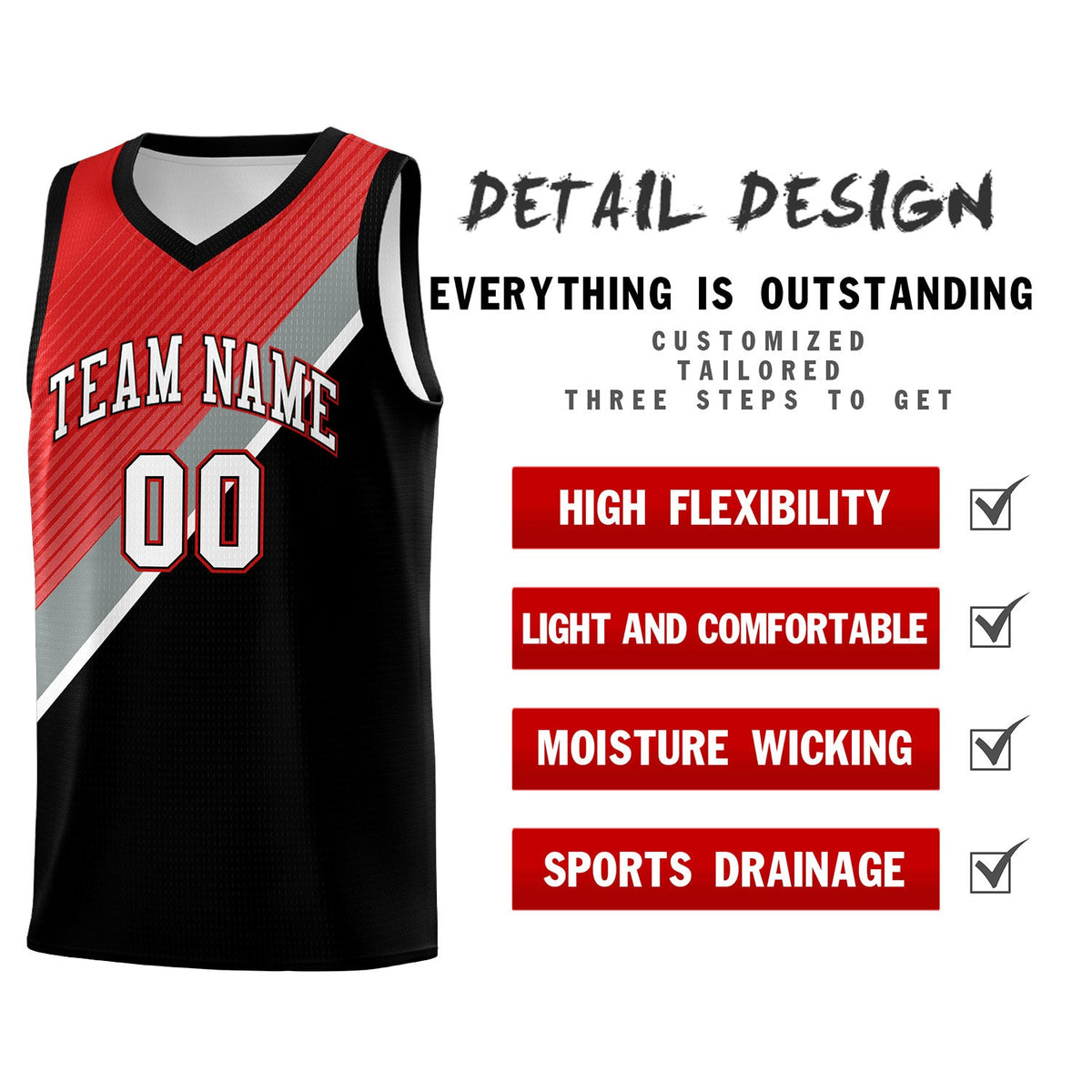 Custom Black Red Silver Gray Diagonal Stripes Color Block Sets Basketball Jersey | For Men,Perfect for Teams,Perfect for Coaches,Sublimation Printed,For Kid,For Youth | KXKSHOP