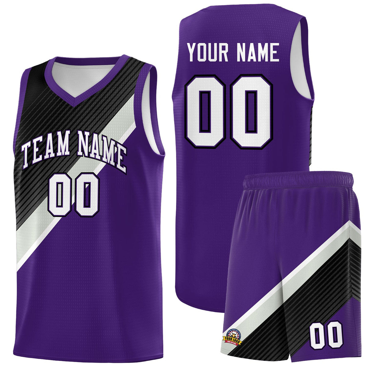 Custom Purple Black Gray Diagonal Stripes Color Block Sets Basketball Jersey | For Men,Perfect for Teams,Perfect for Coaches,Sublimation Printed,For Kid,For Youth | KXKSHOP