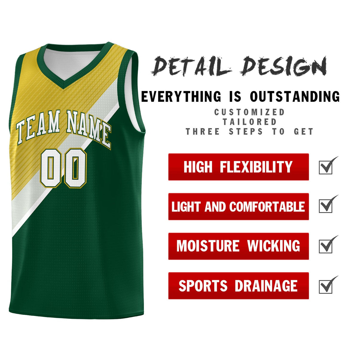 Custom Hunter Green Old Gold Gray Diagonal Stripes Color Block Sets Basketball Jersey | For Men,Perfect for Teams,Perfect for Coaches,Sublimation Printed,For Kid,For Youth | KXKSHOP