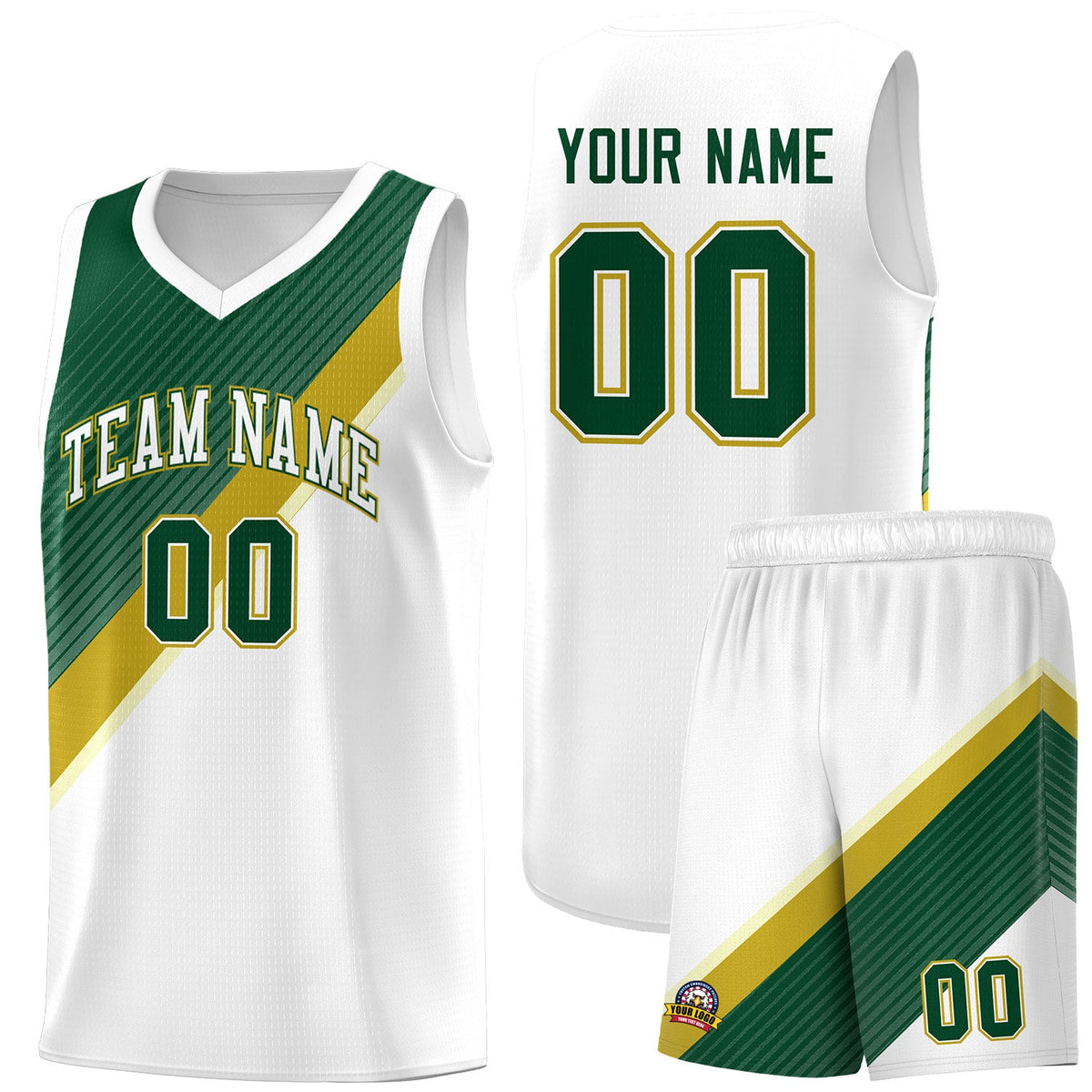 Custom White Hunter Green Old Gold Diagonal Stripes Color Block Sets Basketball Jersey | For Men,Perfect for Teams,Perfect for Coaches,Sublimation Printed,For Kid,For Youth | KXKSHOP