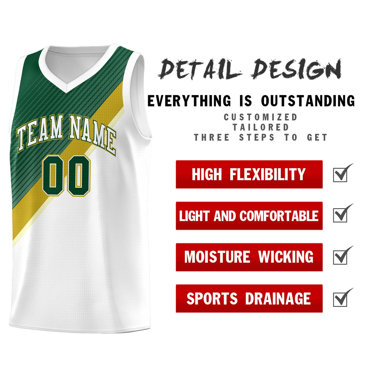 Custom White Hunter Green Old Gold Diagonal Stripes Color Block Sets Basketball Jersey | For Men,Perfect for Teams,Perfect for Coaches,Sublimation Printed,For Kid,For Youth | KXKSHOP