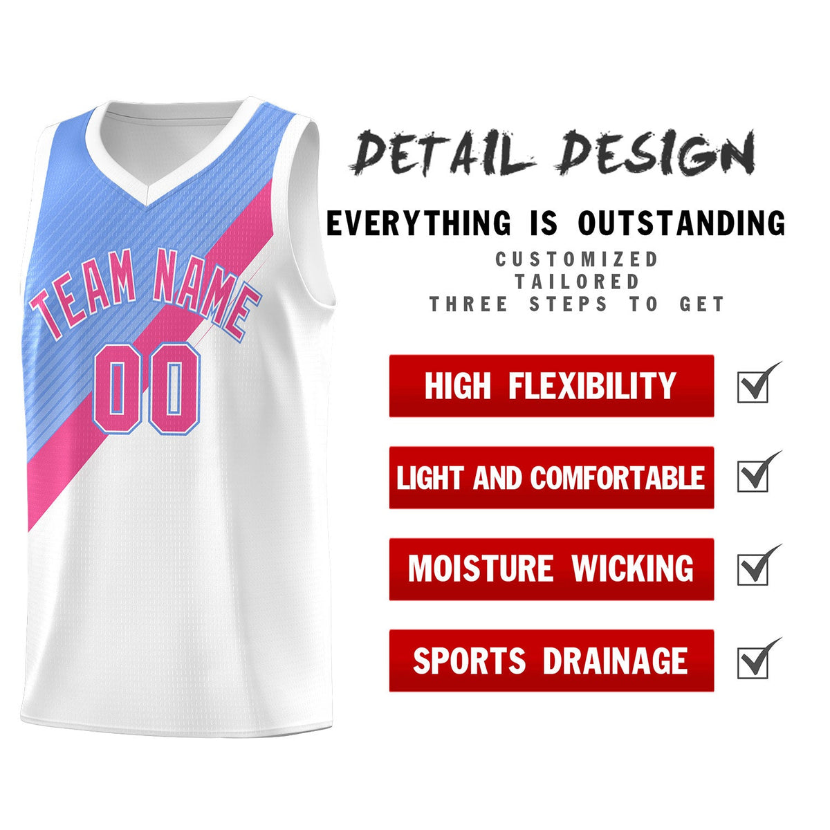 Custom Light Blue Pink White Diagonal Stripes Color Block Sets Basketball Jersey | For Men,Perfect for Teams,Perfect for Coaches,Sublimation Printed,For Kid,For Youth | KXKSHOP