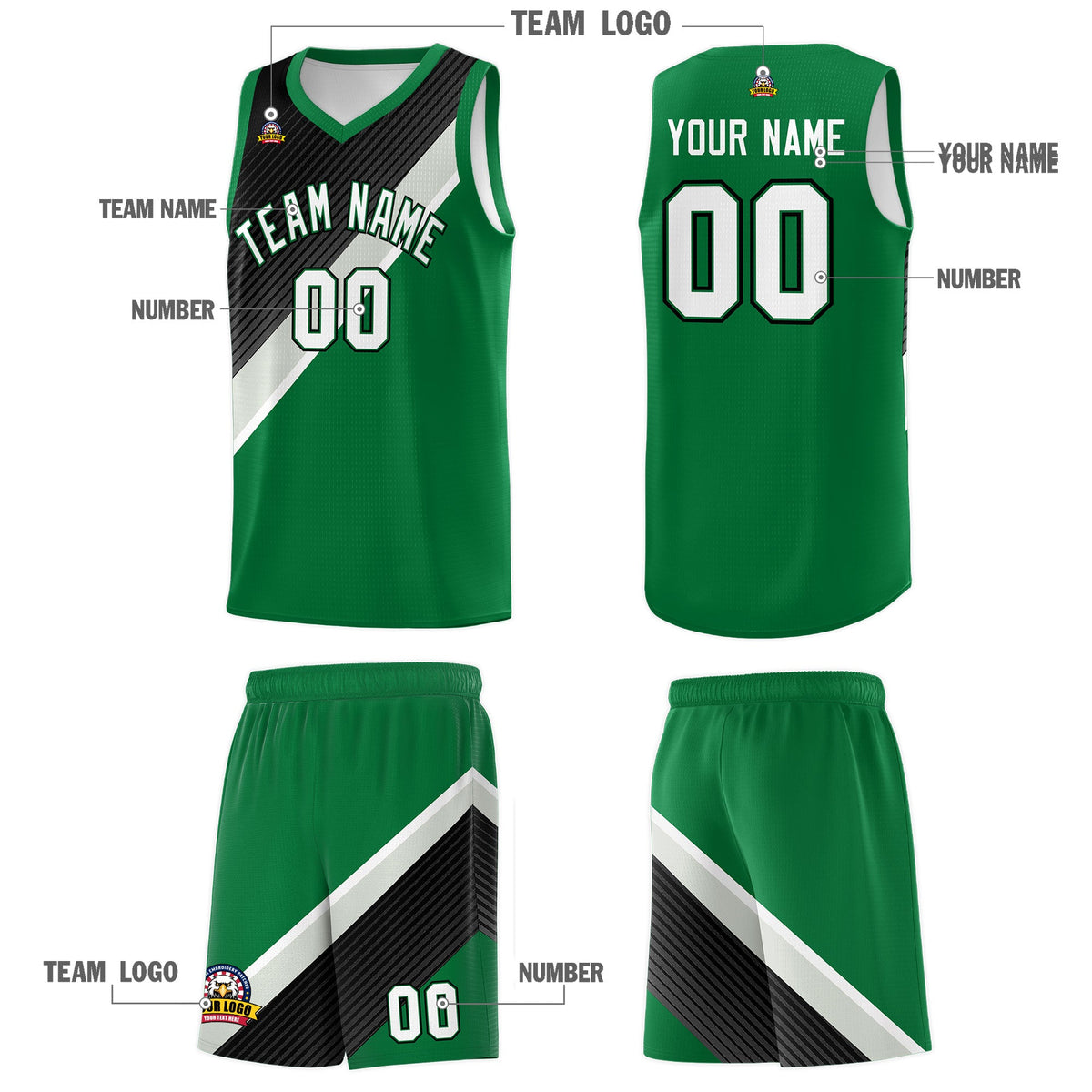 Custom Kelly Green Black Gray Diagonal Stripes Color Block Sets Basketball Jersey | For Men,Perfect for Teams,Perfect for Coaches,Sublimation Printed,For Kid,For Youth | KXKSHOP