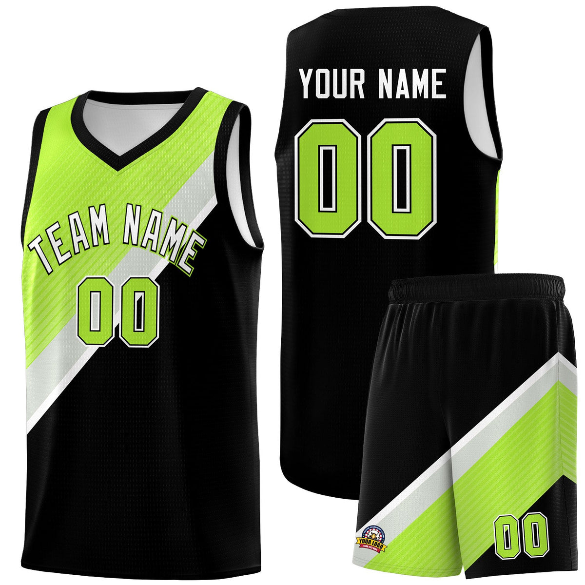 Custom Black Neon Green Gray Diagonal Stripes Color Block Sets Basketball Jersey | For Men,Perfect for Teams,Perfect for Coaches,Sublimation Printed,For Kid,For Youth | KXKSHOP