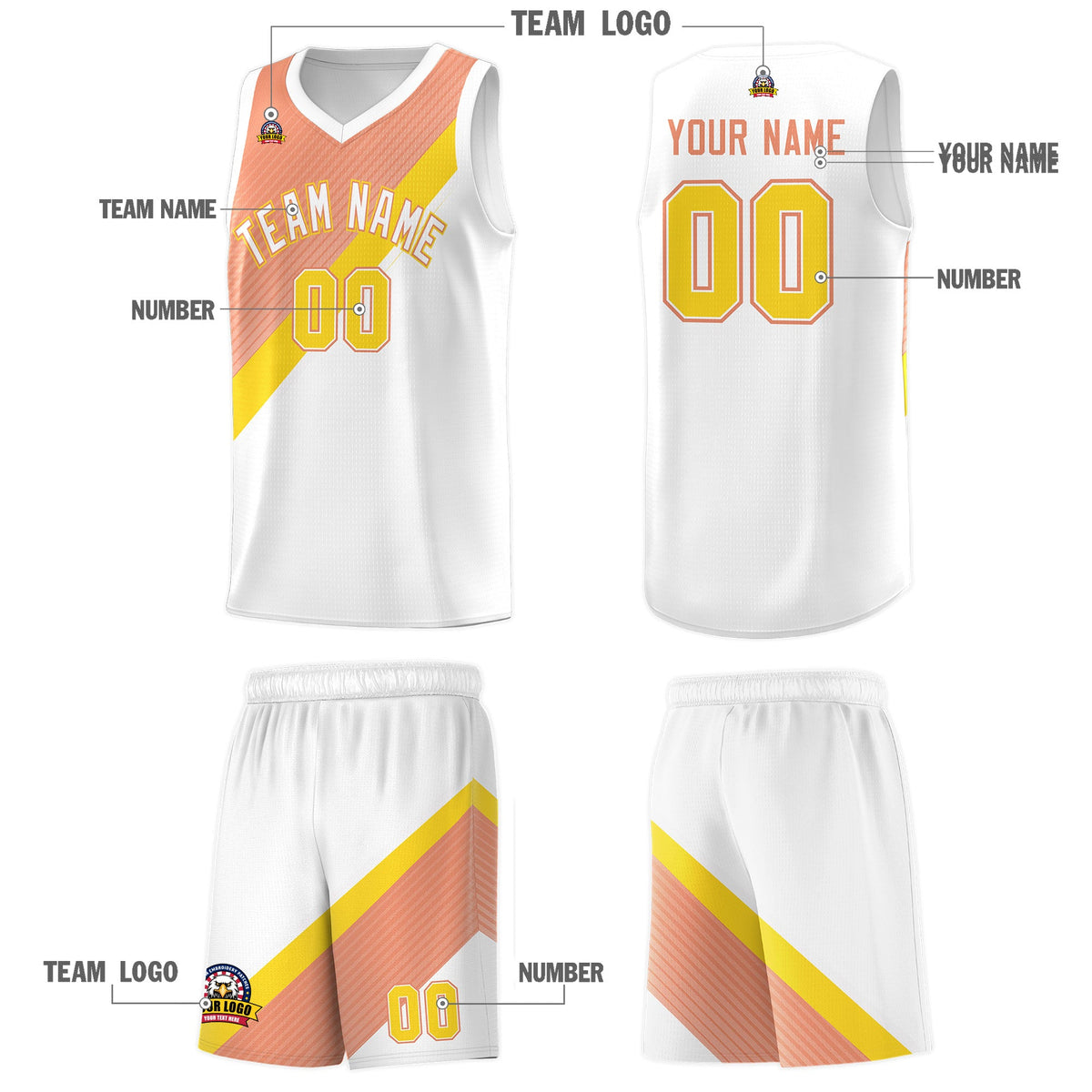 Custom White Light Orange Diagonal Stripes Color Block Sets Basketball Jersey | For Men,Perfect for Teams,Perfect for Coaches,Sublimation Printed,For Kid,For Youth | KXKSHOP