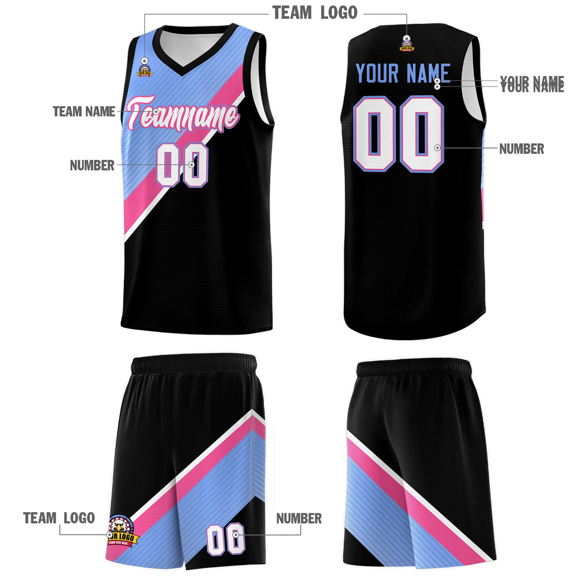 Custom Light Blue Pink Black Diagonal Stripes Color Block Sets Basketball Jersey | For Men,Perfect for Teams,Perfect for Coaches,Sublimation Printed,For Kid,For Youth | KXKSHOP