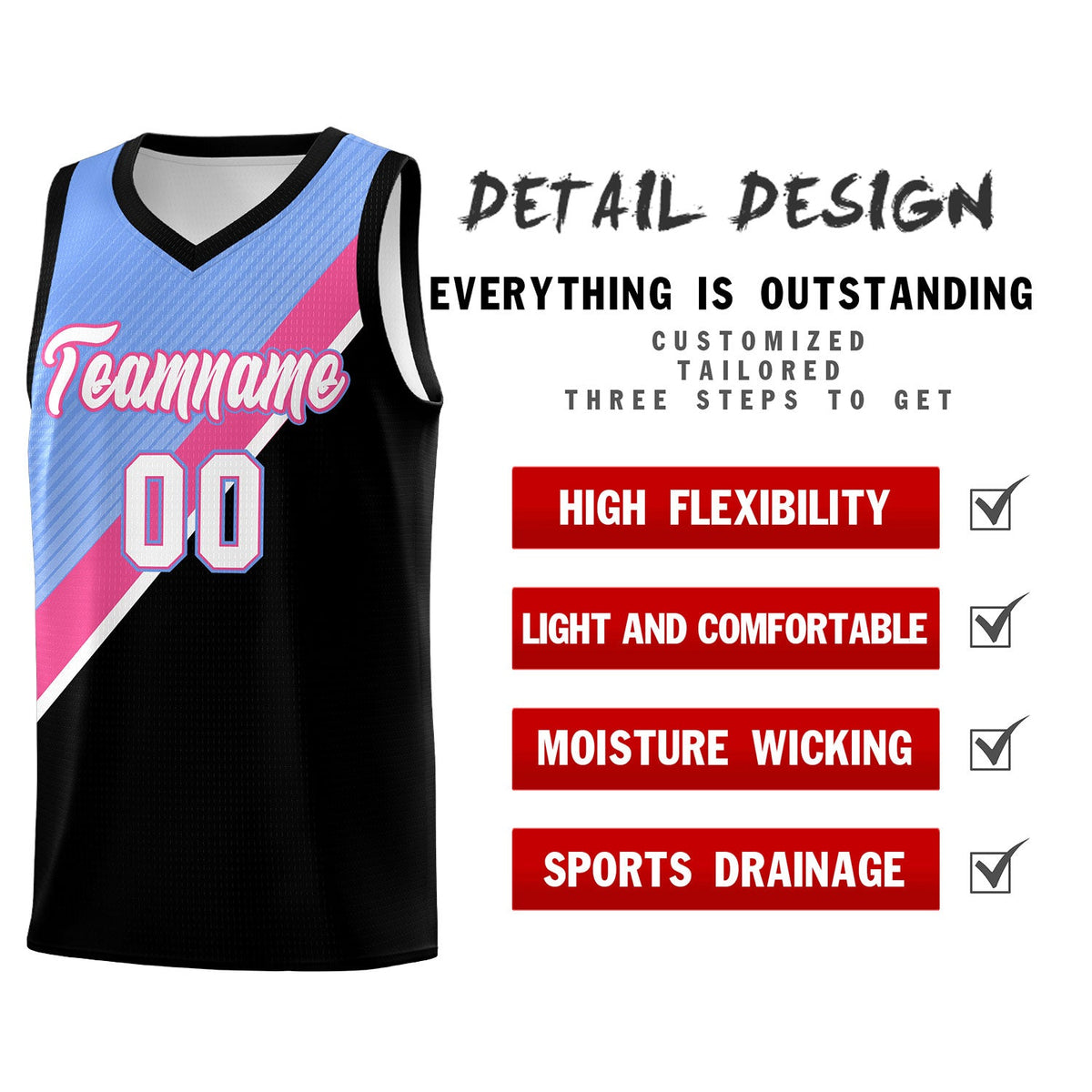 Custom Light Blue Pink Black Diagonal Stripes Color Block Sets Basketball Jersey | For Men,Perfect for Teams,Perfect for Coaches,Sublimation Printed,For Kid,For Youth | KXKSHOP