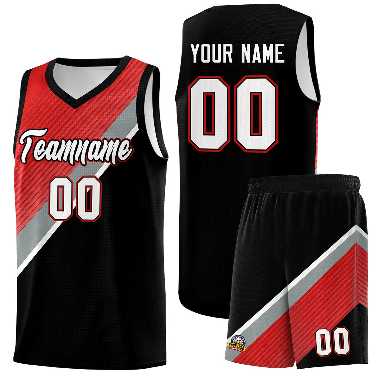 Custom Black Red Silver Gray Diagonal Stripes Color Block Sets Basketball Jersey | For Men,Perfect for Teams,Perfect for Coaches,Sublimation Printed,For Kid,For Youth | KXKSHOP