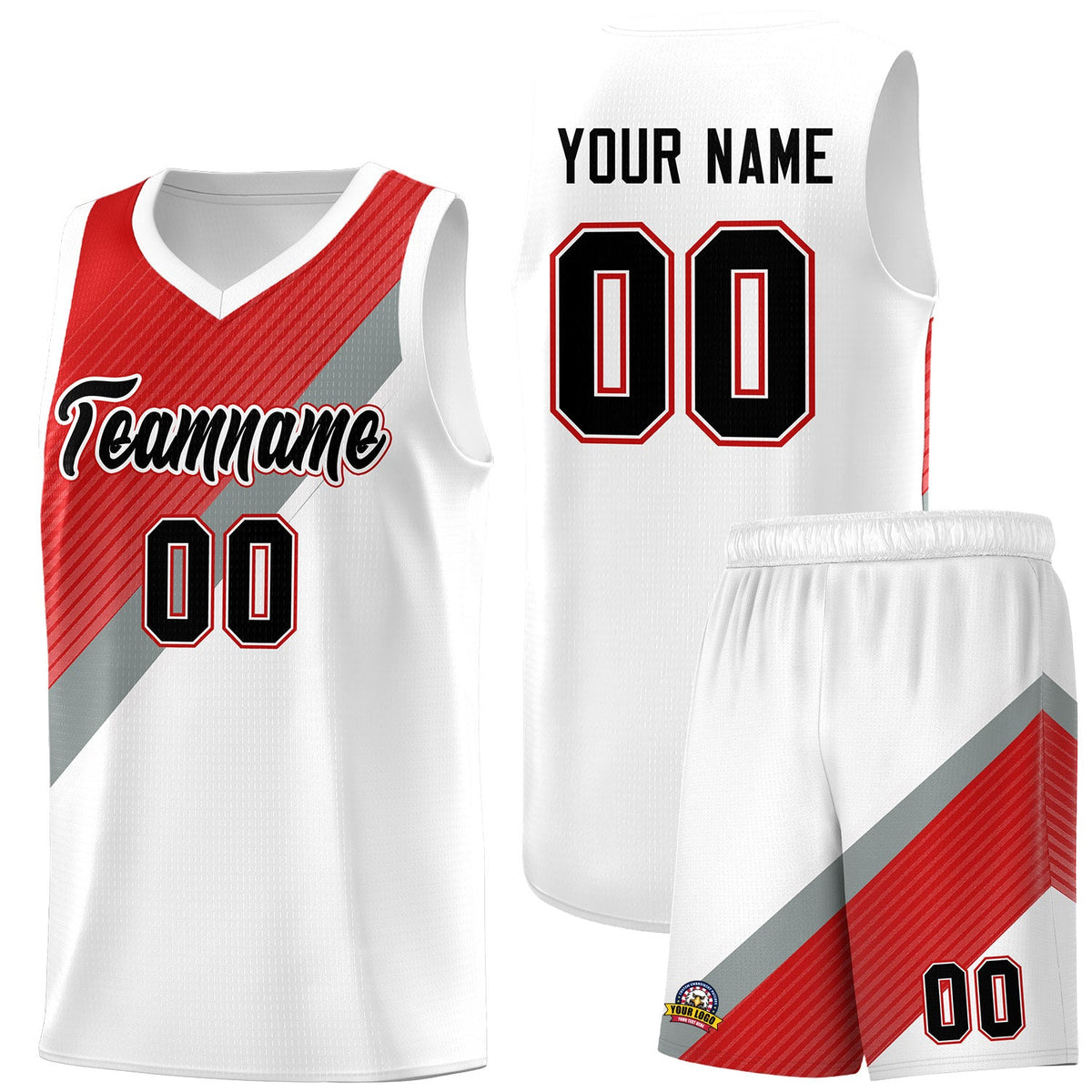 Custom Red Silver Gray White Diagonal Stripes Color Block Sets Basketball Jersey | For Men,Perfect for Teams,Perfect for Coaches,Sublimation Printed,For Kid,For Youth | KXKSHOP