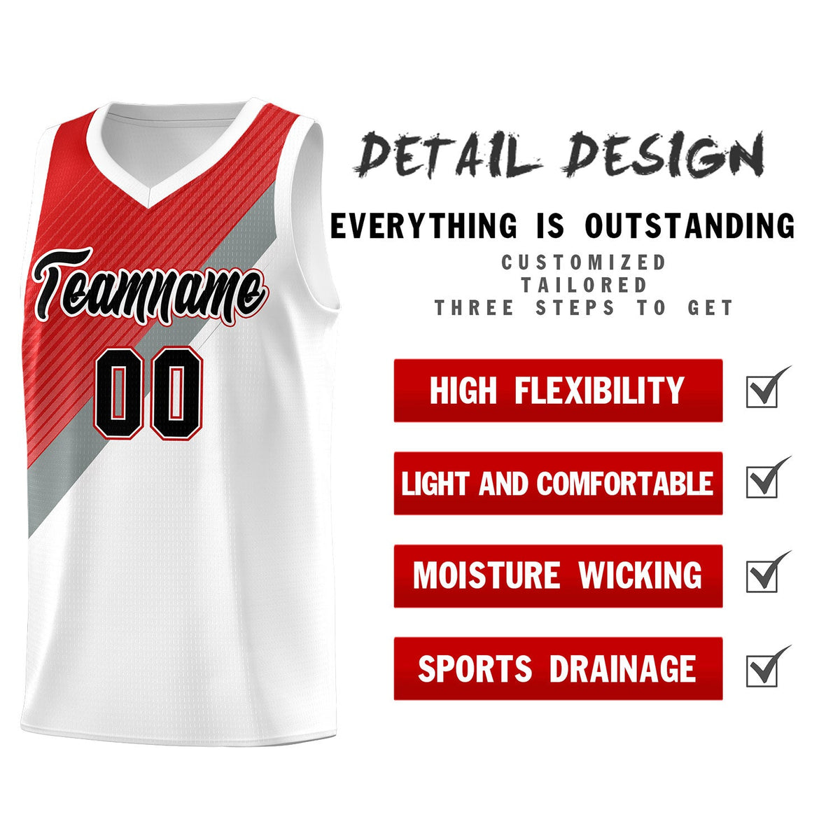 Custom Red Silver Gray White Diagonal Stripes Color Block Sets Basketball Jersey | For Men,Perfect for Teams,Perfect for Coaches,Sublimation Printed,For Kid,For Youth | KXKSHOP
