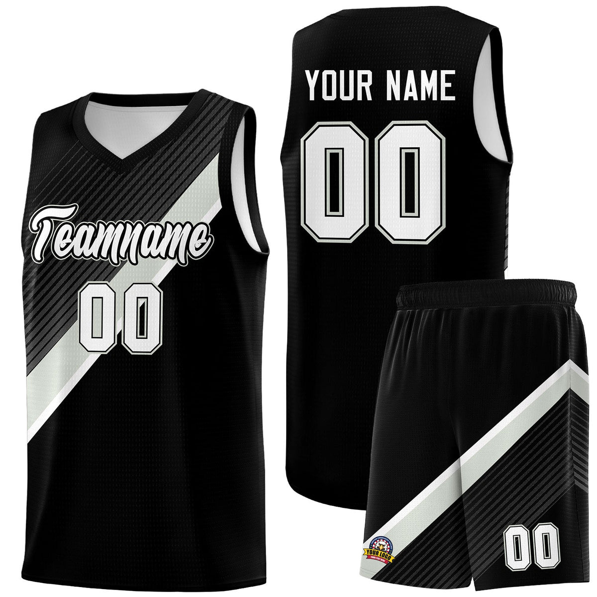 Custom Black Gray White Diagonal Stripes Color Block Sets Basketball Jersey | For Men,Perfect for Teams,Perfect for Coaches,Sublimation Printed,For Kid,For Youth | KXKSHOP