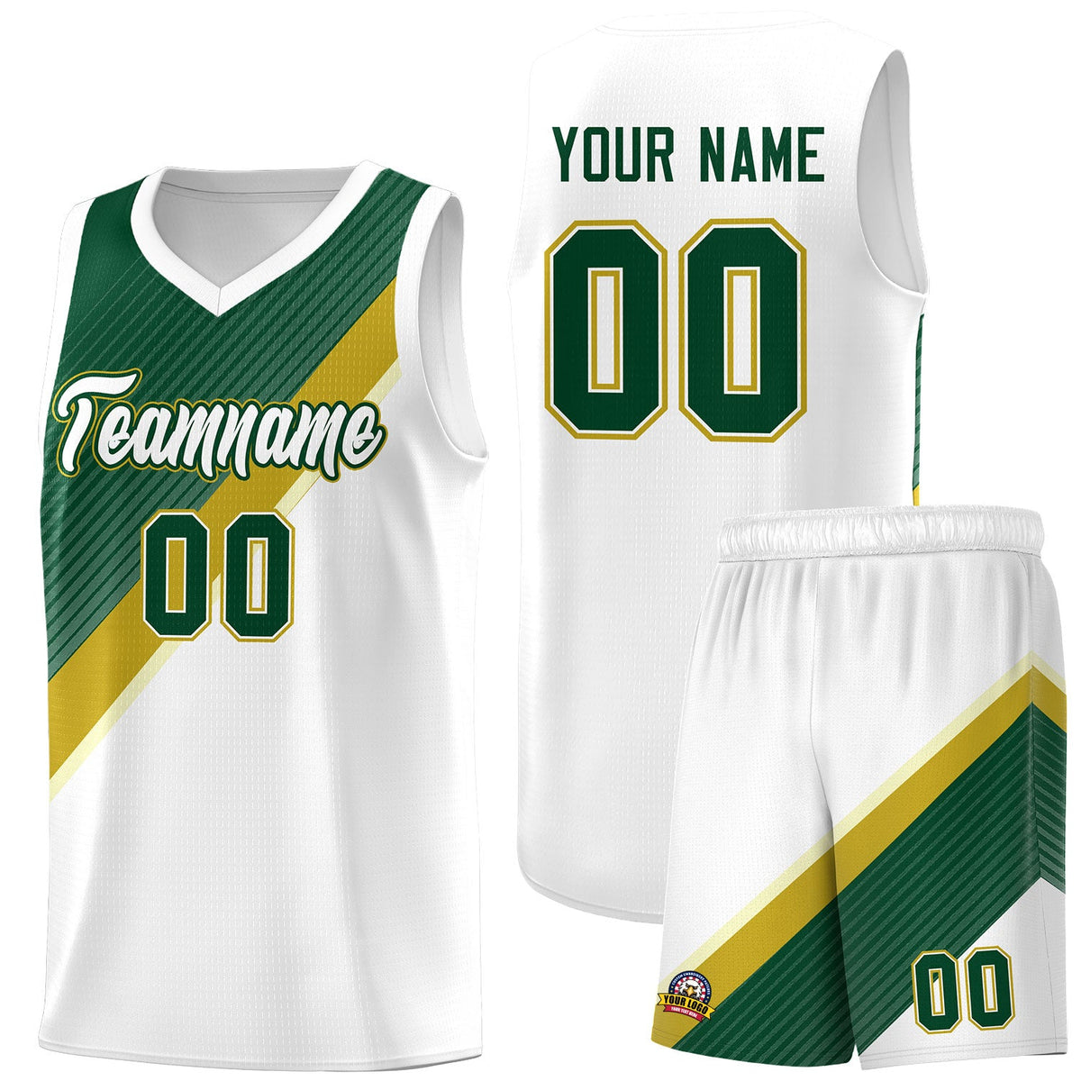 Custom White Hunter Green Old Gold Diagonal Stripes Color Block Sets Basketball Jersey | For Men,Perfect for Teams,Perfect for Coaches,Sublimation Printed,For Kid,For Youth | KXKSHOP
