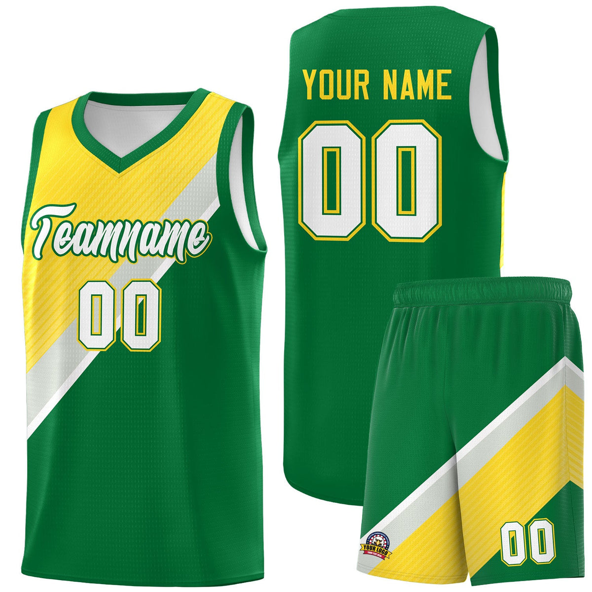 Custom Kelly Green Gray Diagonal Stripes Color Block Sets Basketball Jersey | For Men,Perfect for Teams,Perfect for Coaches,Sublimation Printed,For Kid,For Youth | KXKSHOP
