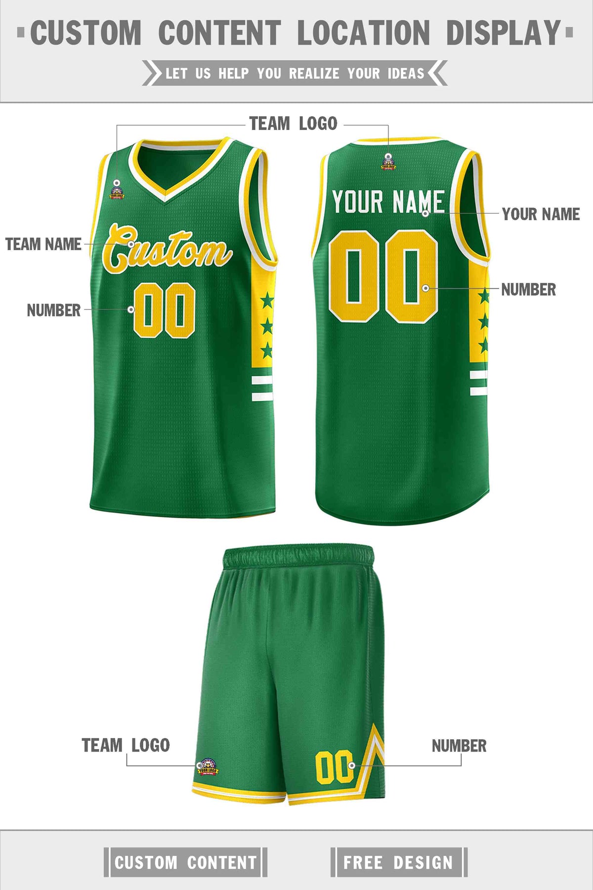 Custom Kelly Green Yellow-White Personalized Star Pattern Sports Uniform Basketball Jersey