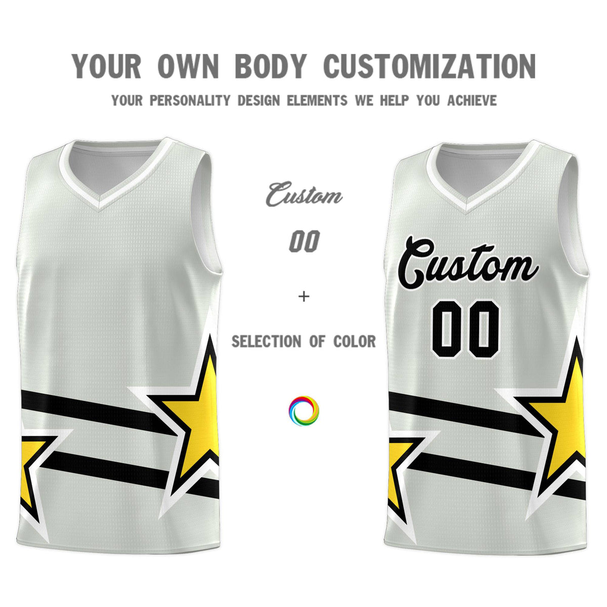Custom Gray Basketball Kits With Gold Star Pattern And Double Lines