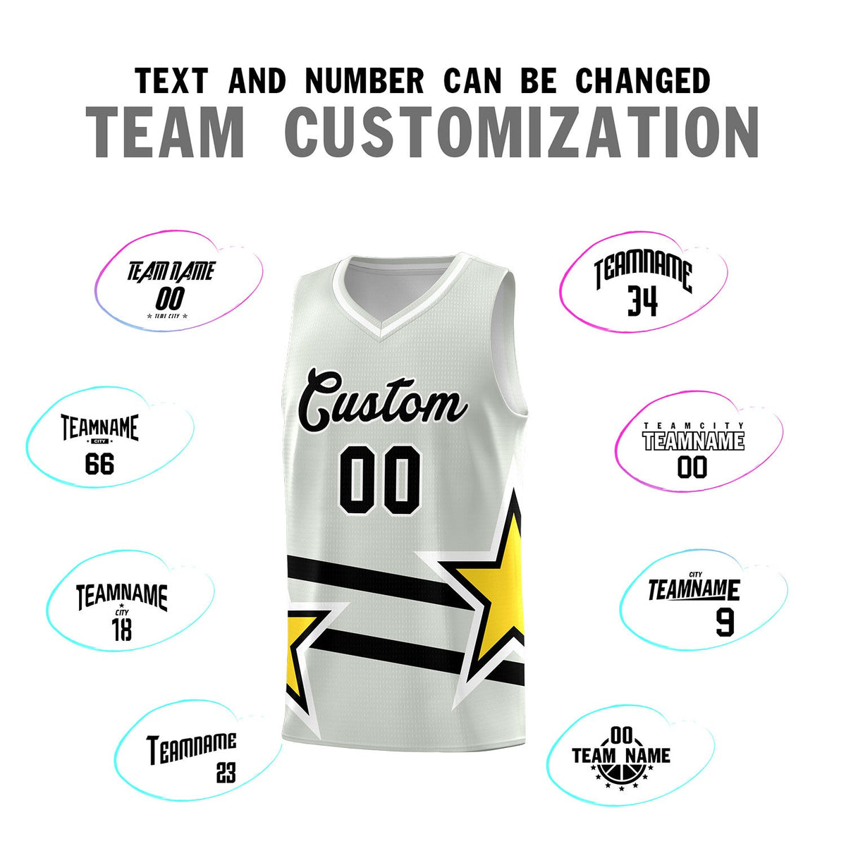 Custom Gray Basketball Kits With Gold Star Pattern And Double Lines
