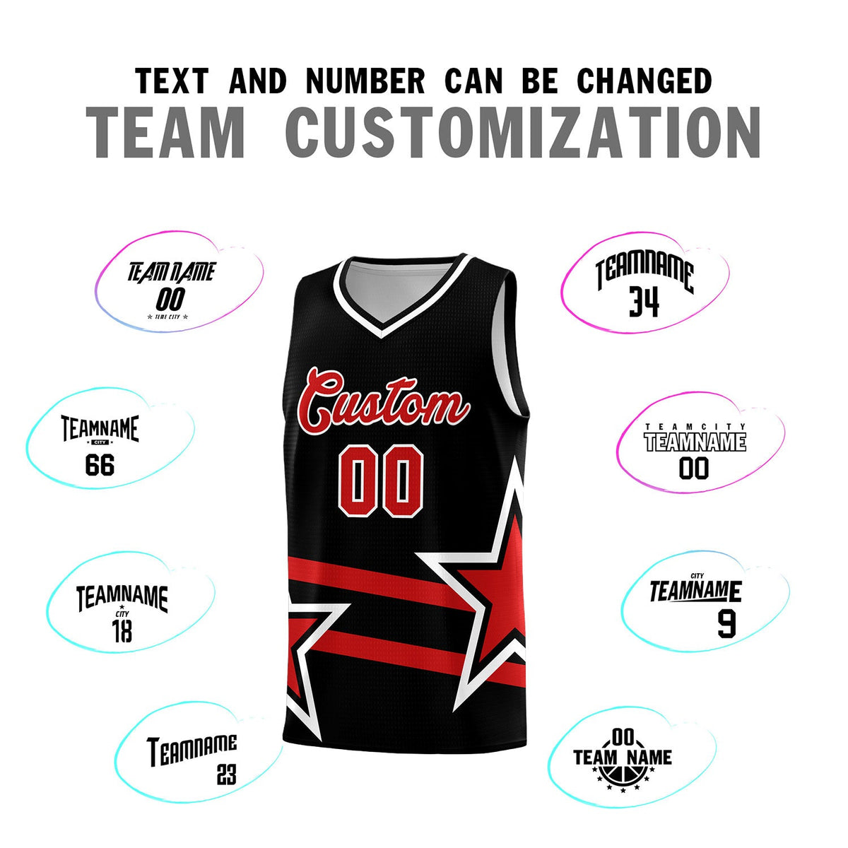 Custom Black Basketball Kits With Red Star Pattern And Double Lines