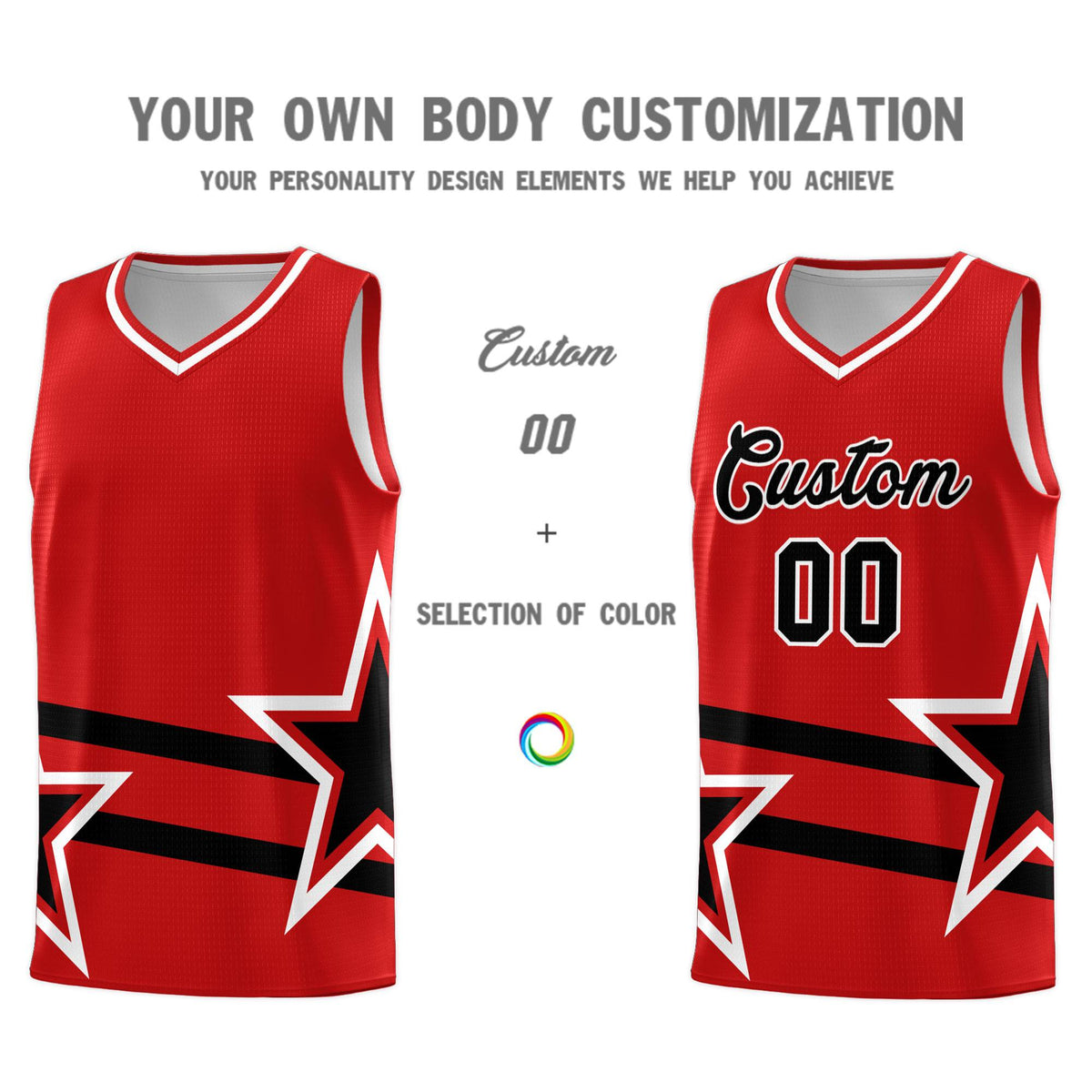 Custom Red Basketball Kits With Black Star Pattern And Double Lines