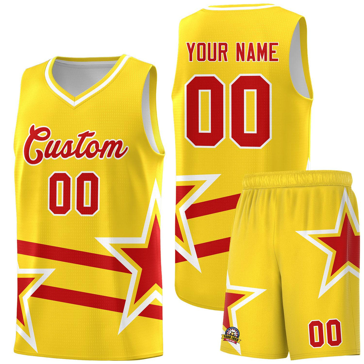 Custom Gold Basketball Kits With Red Star Pattern And Double Lines