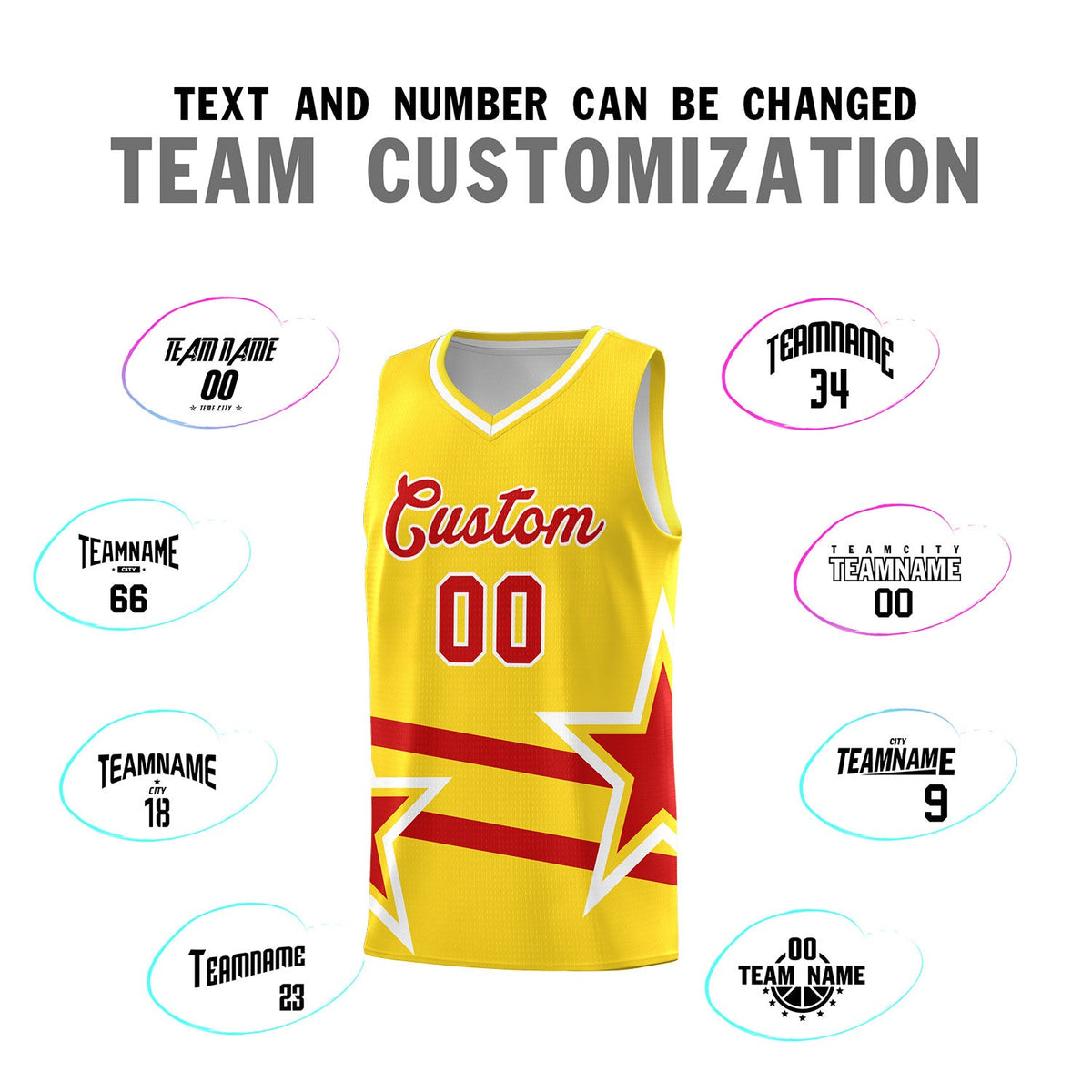 Custom Gold Basketball Kits With Red Star Pattern And Double Lines