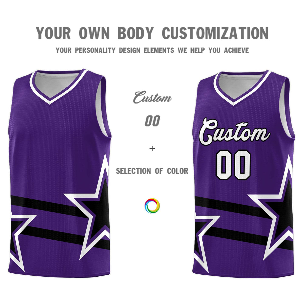 Custom Purple Basketball Kits With Black Star Pattern And Double Lines