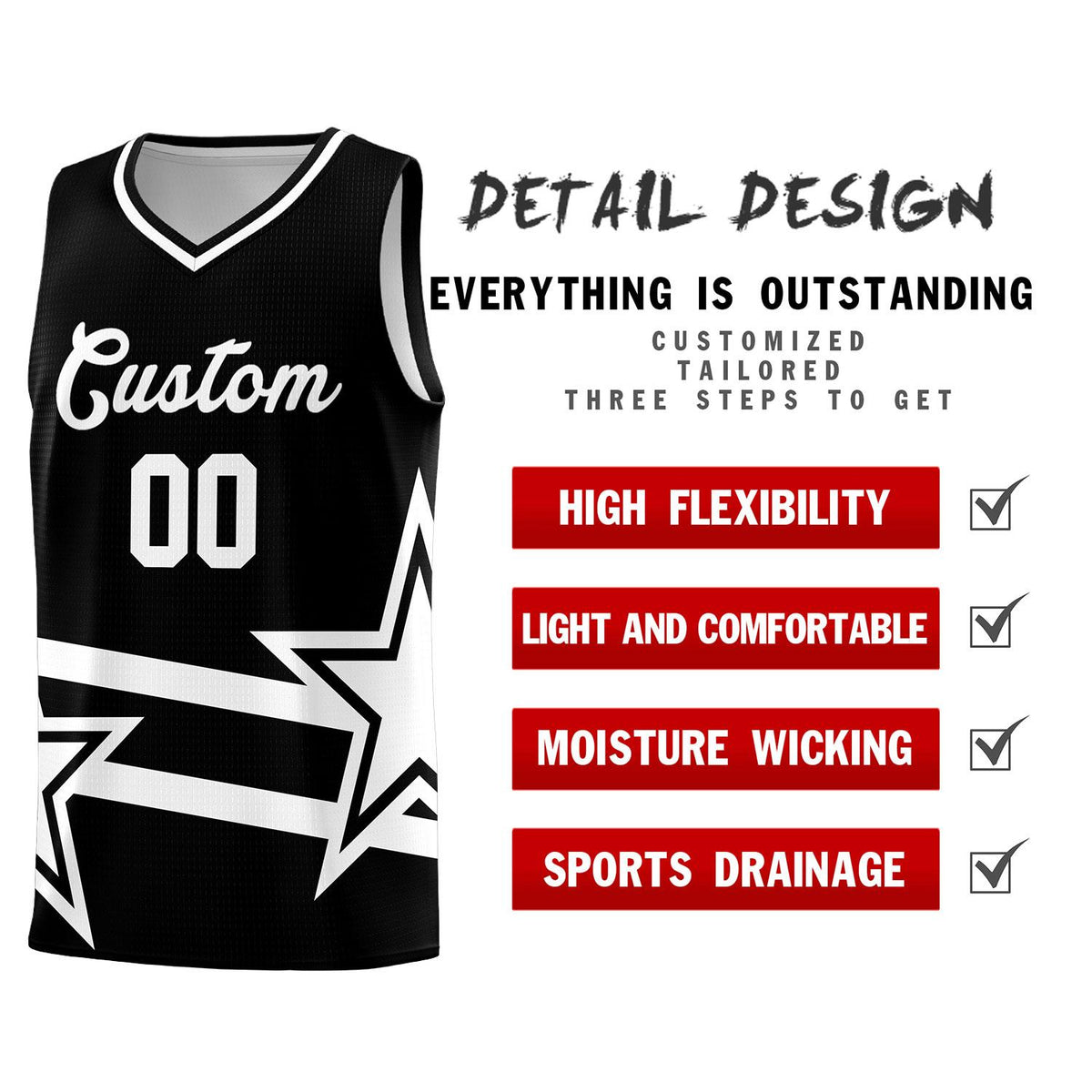 Custom Black Basketball Kits With White Star Pattern And Double Lines