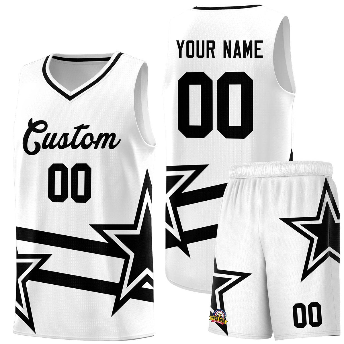 Custom White Basketball Kits With Black Star Pattern And Double Lines