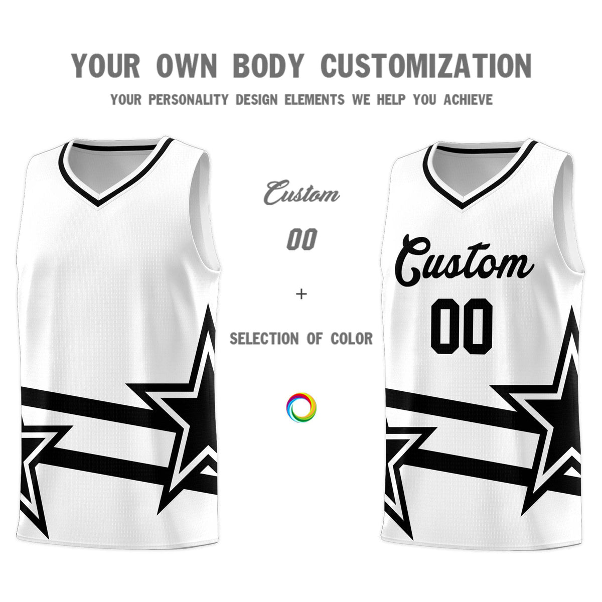 Custom White Basketball Kits With Black Star Pattern And Double Lines