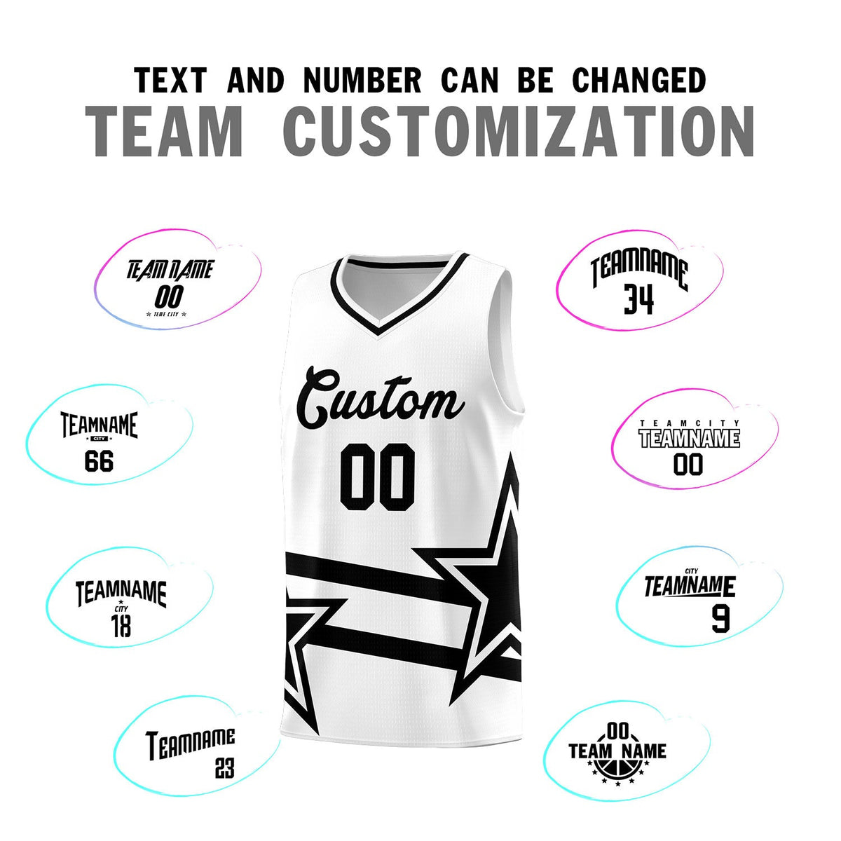 Custom White Basketball Kits With Black Star Pattern And Double Lines